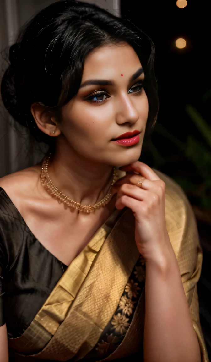 photo of (yaelaris: gr4c3f:0.5) in ( designer saree), beautiful face, indian traditional, ear rings, neckless,pony,  furious dark haired women, gorgeous female , instgram photo,stunning look, (cinematic light),  beautiful woman,  black hair, seductive look