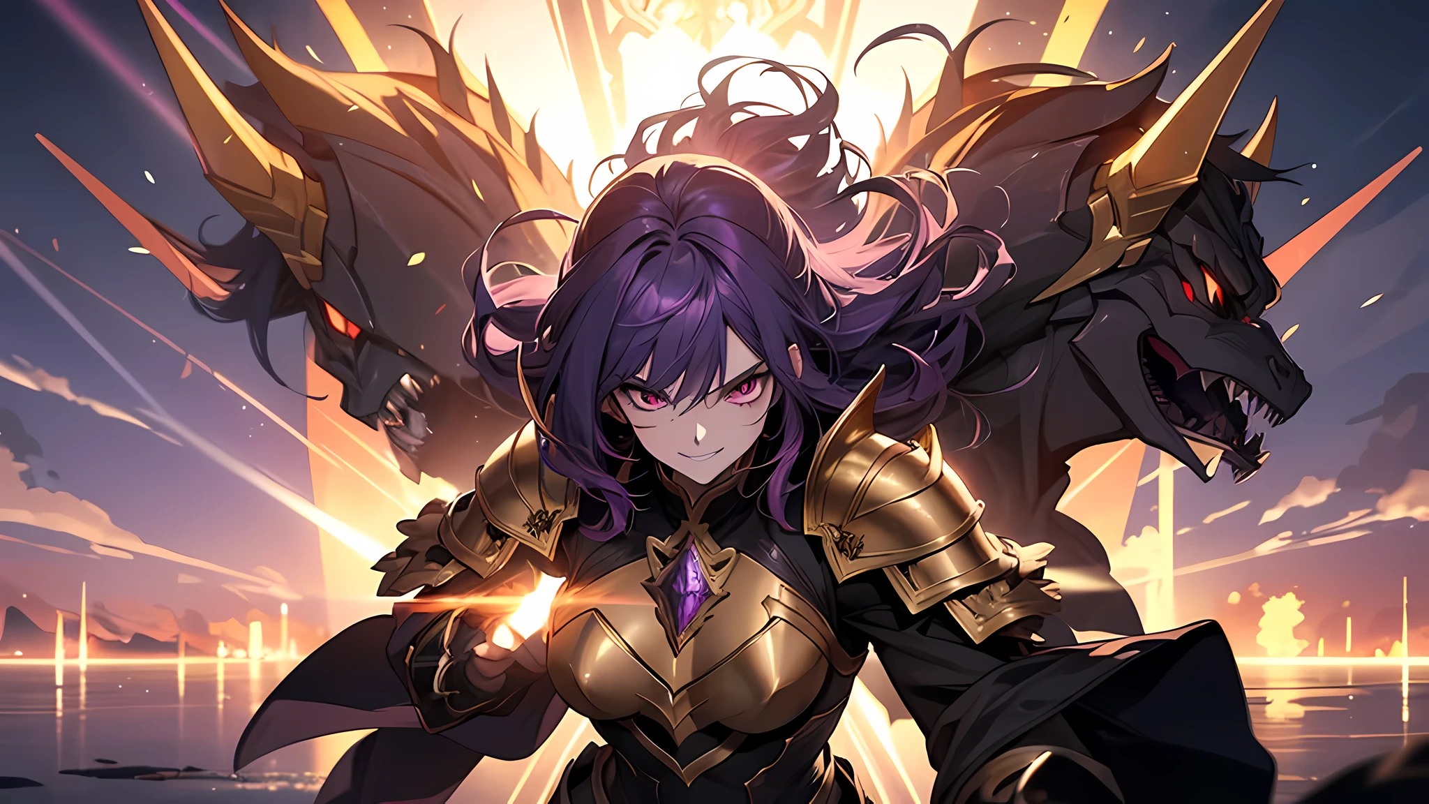dark gold armor, female, dark red dragon horn, five-clawed golden dragon background, fire effect, thunder effect, purple hair, gradient eyes, grin, high detail, anime, cinematic lighting, glowing light, god ray, reflected light, backlight, projection illustration, uhd, masterpiece, ccurate, textured skin, super detail, best quality, high resolution, award-winning, Most of the official villains in Magic Knight of Marchen are demons. The more you invest in versus Demon Combat Power