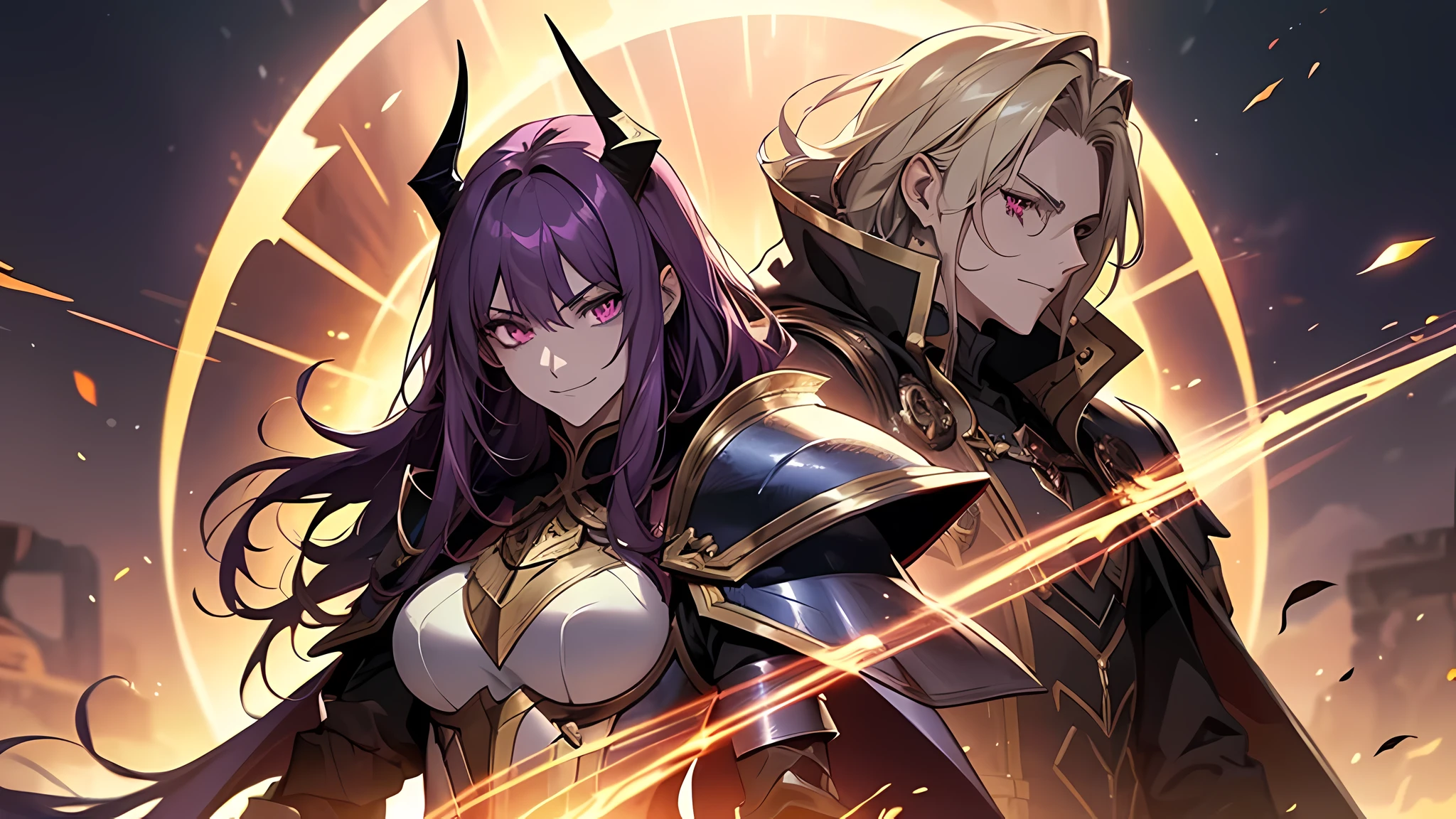 dark gold armor, female, dark red dragon horn, five-clawed golden dragon background, fire effect, thunder effect, purple hair, gradient eyes, grin, high detail, anime, cinematic lighting, glowing light, god ray, reflected light, backlight, projection illustration, uhd, masterpiece, ccurate, textured skin, super detail, best quality, high resolution, award-winning, Most of the official villains in Magic Knight of Marchen  are demons. The more you invest in  versus Demon Combat Power
