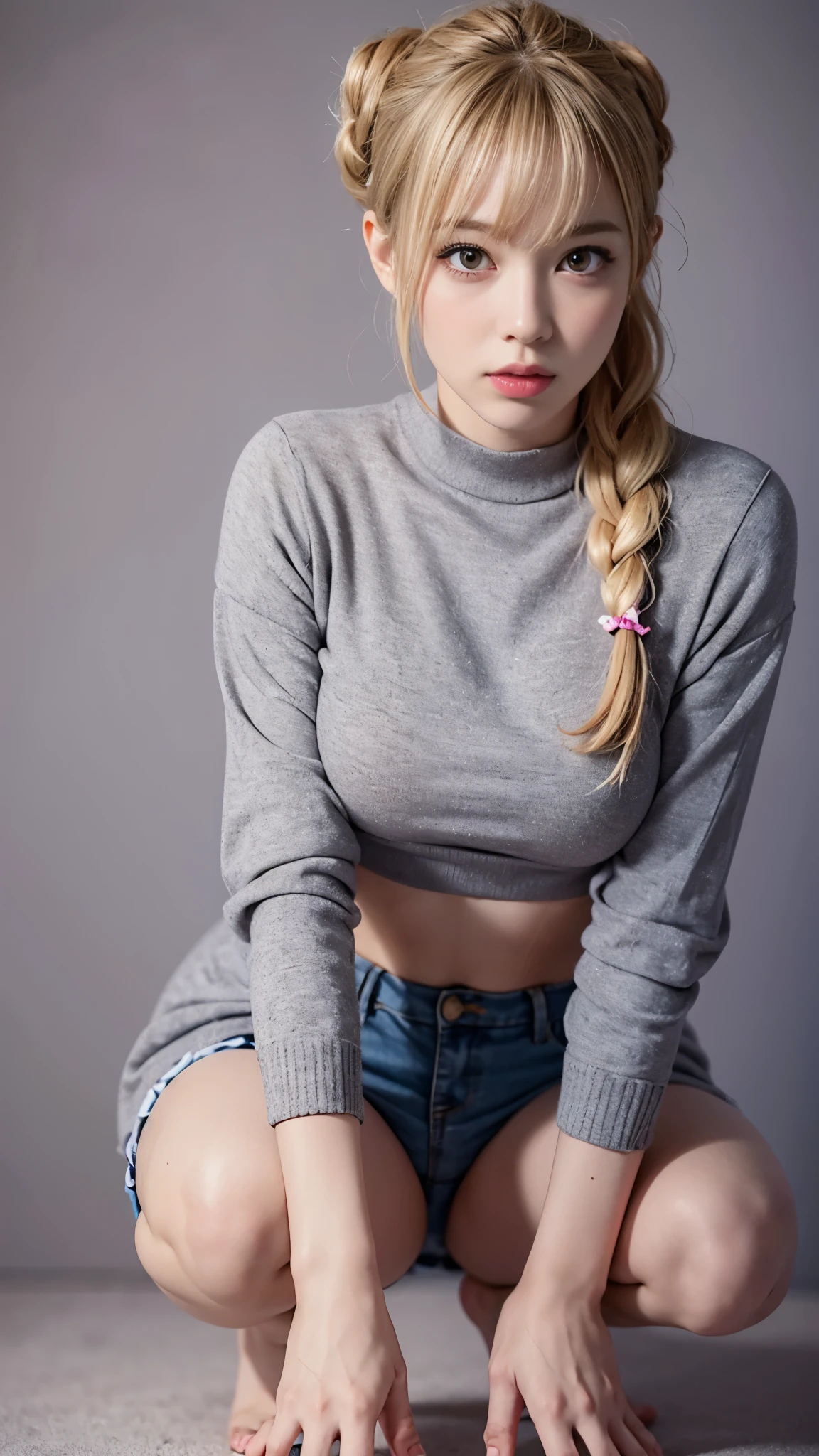 1other, 1girl, small_medium_face, egg-shaped_face, Blonde_hair, Blunt_bangs, braided_bun, eyeliner, long_eyelashes, slender_eyebrow, slender_eyelashes, pink_lips, female, slender, slenderwaist, huge_breasts, slender_thighs, frilled_shirt, downpants, squatting, small_face