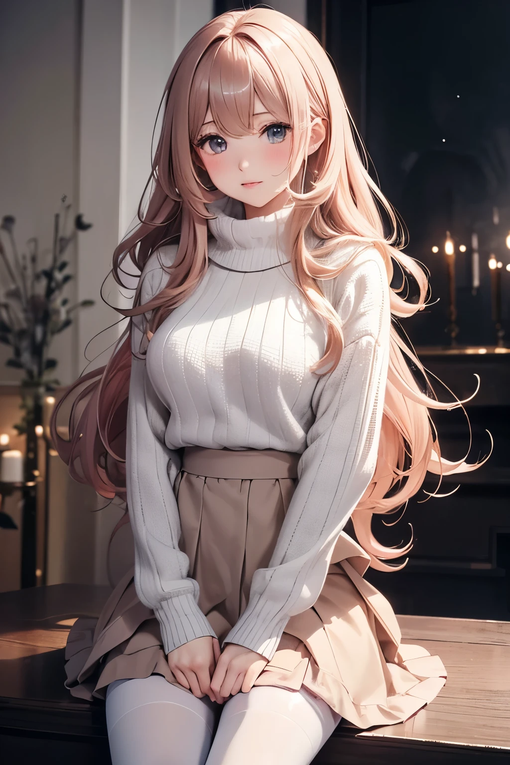 best quality, 32k, RAW photo, incredibly absurdres, extremely detailed, delicate texture, cute woman, (fluffy layered side blow flowing glossy medium hair), wearing fluffy long-pile knit sweater, fluffy skirt, skirt lift, pantyhose, fluffy long boots, superlative body proportion, background pastel color