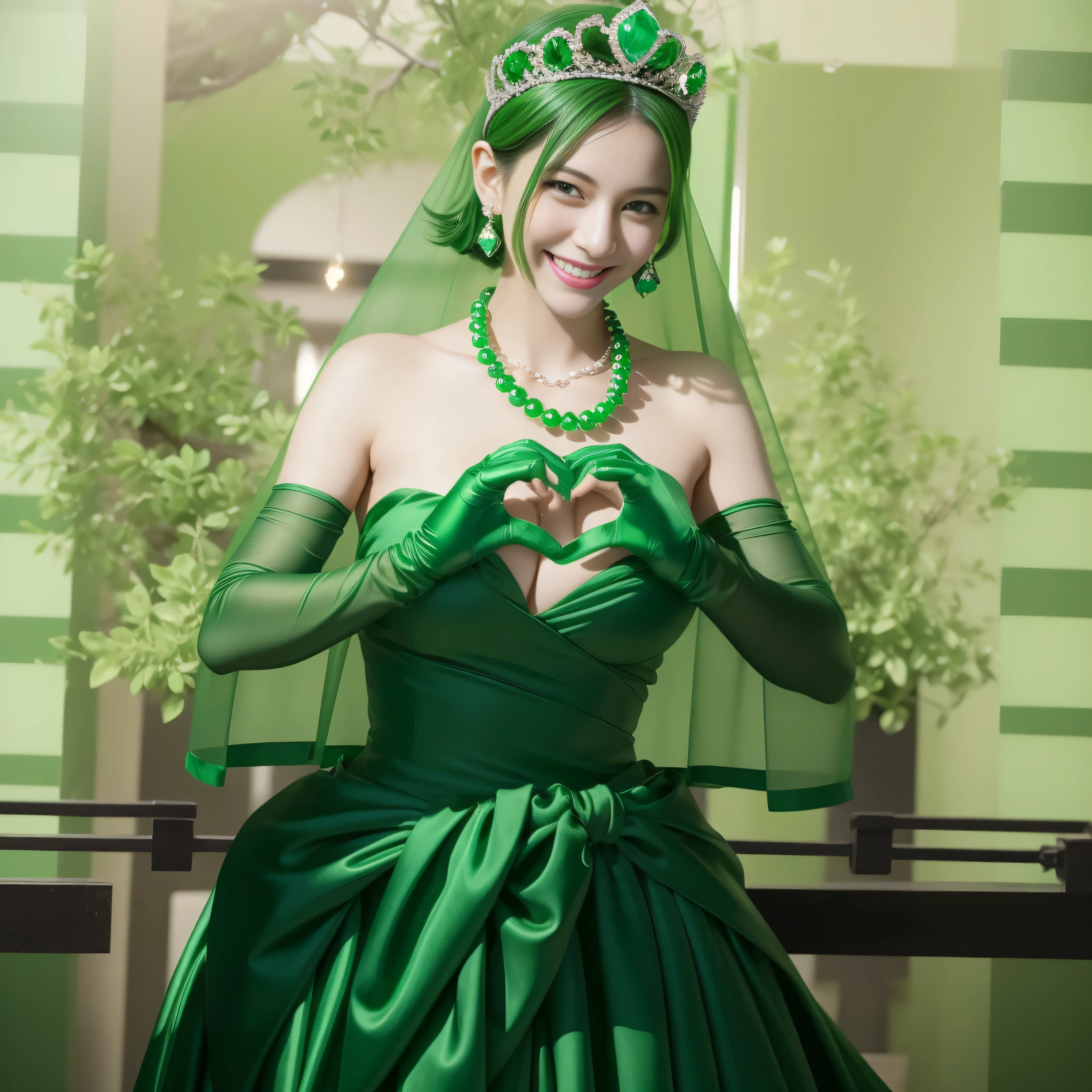 emerald tiara, green pearl necklace, boyish very short green hair, lipstick, smiling Japanese woman, very short hair, big breasts beautiful, green eyes, Long Green Satin Gloves, green eyes, V sign, emerald earrings, green veil, green lip gloss
