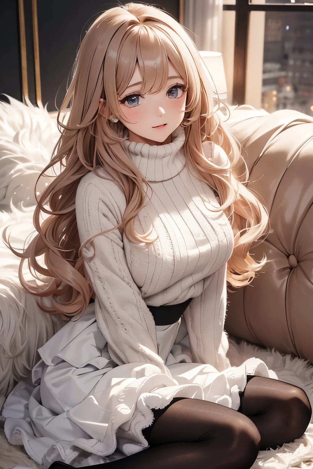 best quality, 32k, RAW photo, incredibly absurdres, extremely detailed, delicate texture, cute woman, (fluffy layered side blow flowing glossy medium hair), wearing fluffy long-pile knit sweater, fluffy skirt, skirt lift, pantyhose, fluffy long boots, superlative body proportion, background pastel color