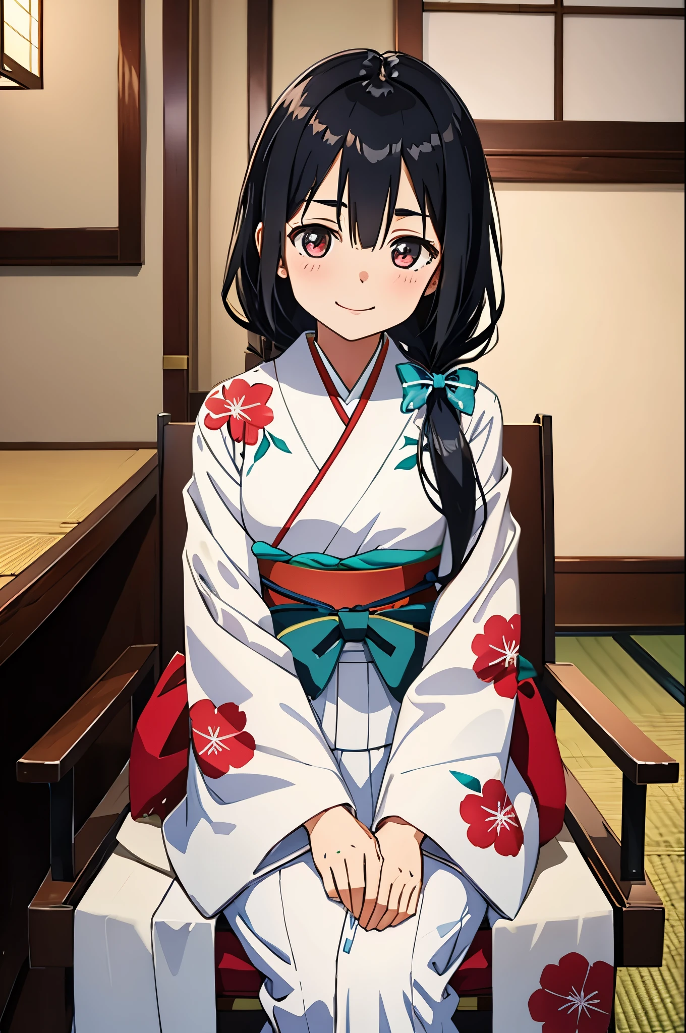 1girl,solo,bangs,black hair,long hair,loose low twintails,osage,hair_bow,blush,eyebrows visible through hair,hair between eyes,(tareme),narrowed eyes,white_marble_glowing_skin,looking at viewer,seductive_smile,
BREAK (furisode, long-sleeved kimono, obi, floral print),sitting_on_chair,hands_on_lap,an antique armrest chair,portrait,traditional_Japanese_restaurant,