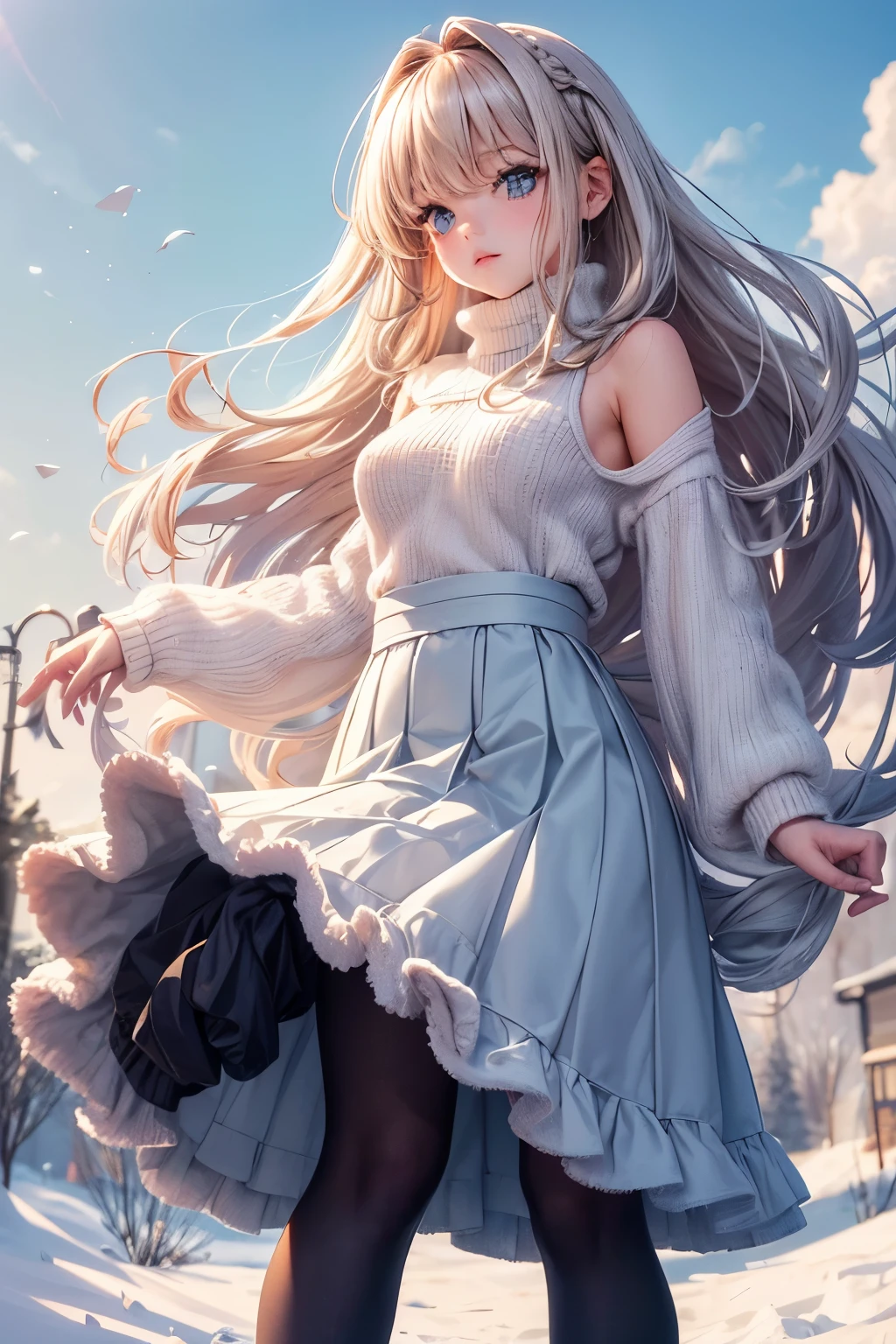 best quality, 32k, RAW photo, incredibly absurdres, extremely detailed, delicate texture, cute woman, (fluffy layered side blow flowing glossy medium hair), wearing fluffy long-pile knit sweater, fluffy skirt, skirt lift, pantyhose, fluffy long boots, superlative body proportion, background pastel color