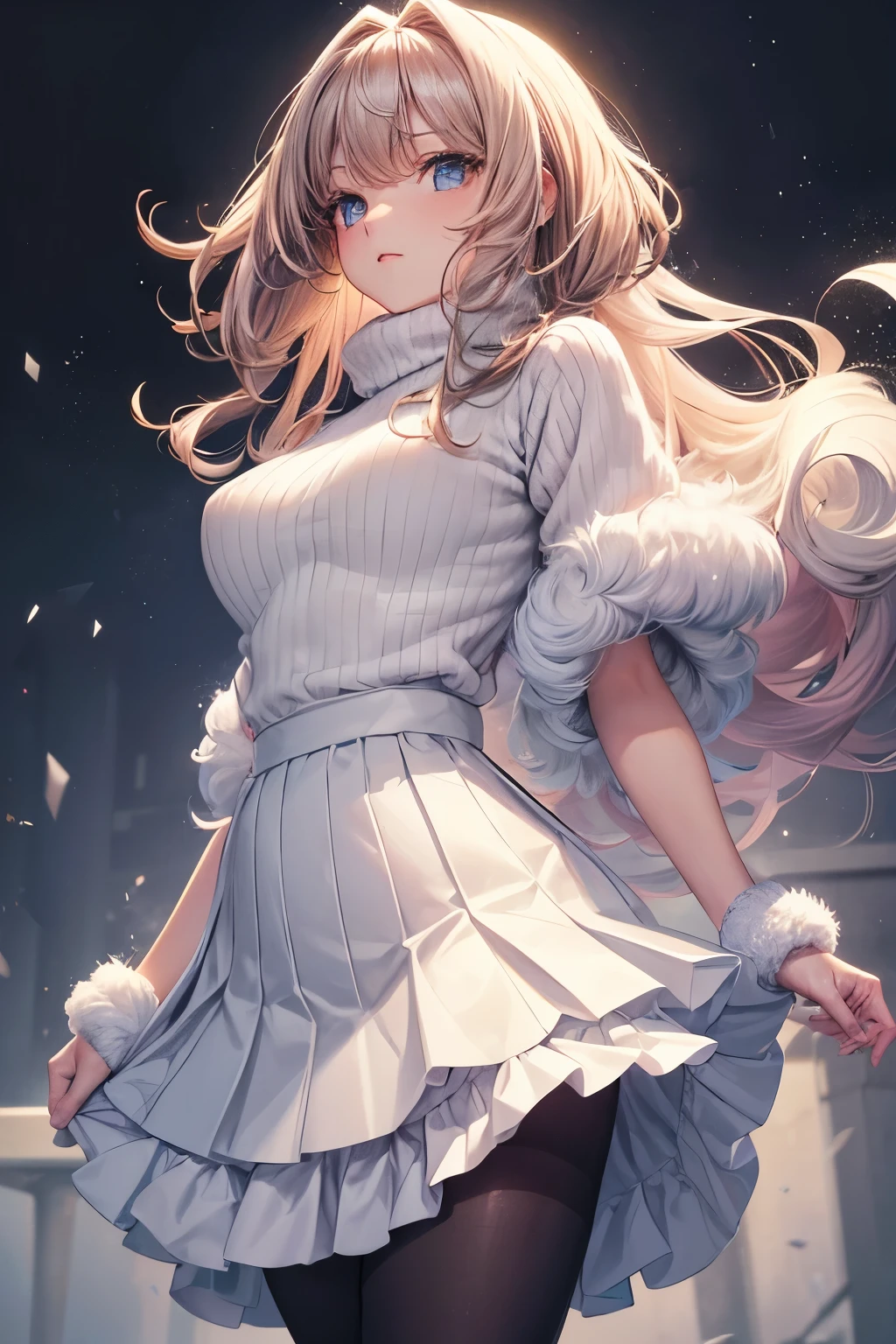 best quality, 32k, RAW photo, incredibly absurdres, extremely detailed, delicate texture, cute woman, (fluffy layered side blow flowing glossy medium hair), wearing fluffy long-pile knit sweater, fluffy skirt, skirt lift, pantyhose, fluffy long boots, superlative body proportion, background pastel color