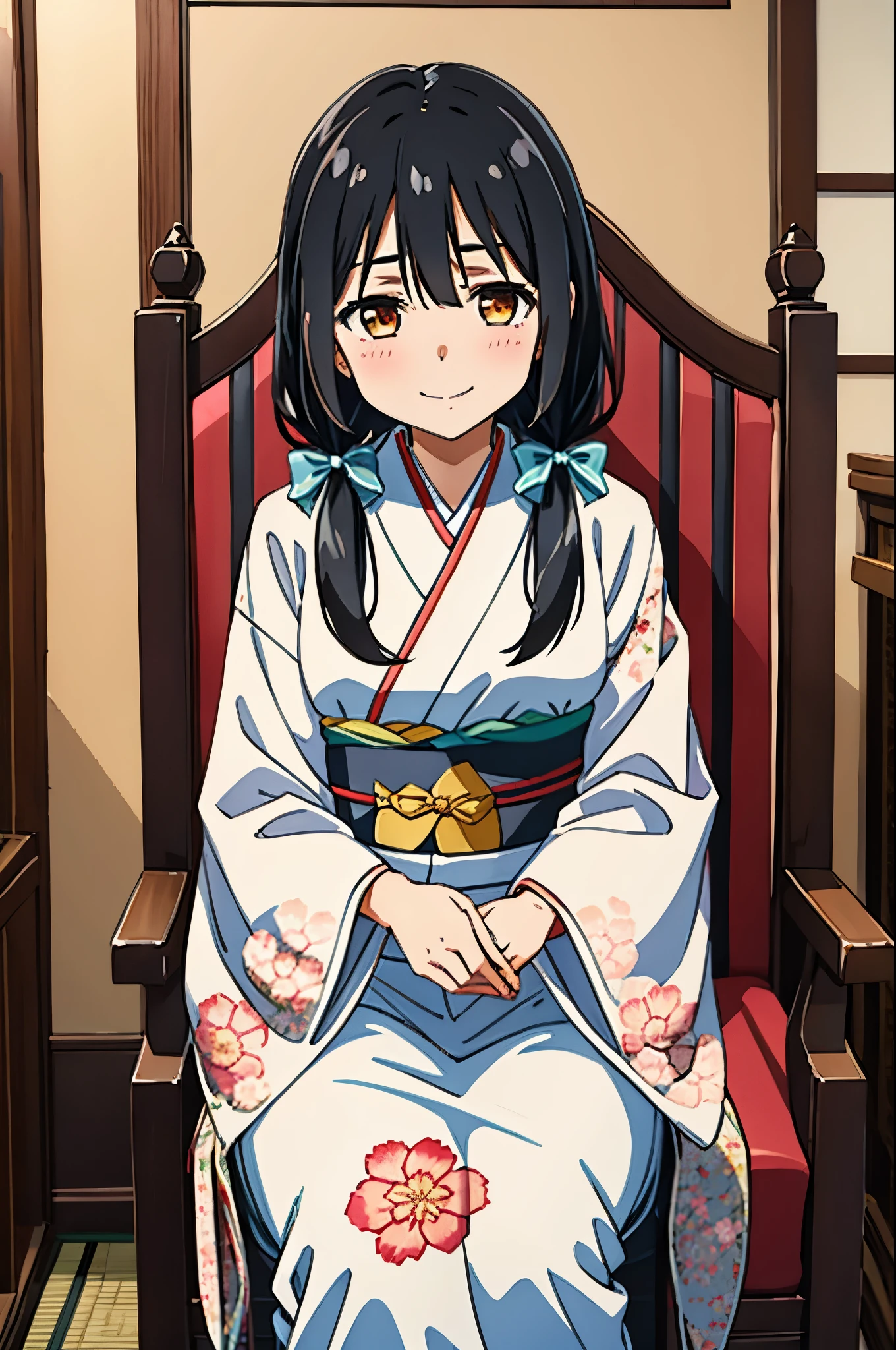 1girl,solo,bangs,black hair,long hair,loose low twintails,osage,hair_bow,blush,eyebrows visible through hair,hair between eyes,(tareme),narrowed eyes,white_marble_glowing_skin,looking at viewer,seductive_smile,
BREAK (furisode, long-sleeved kimono, obi, floral print),sitting_on_chair,hands_on_lap,an antique armrest chair,portrait,traditional_Japanese_restaurant,