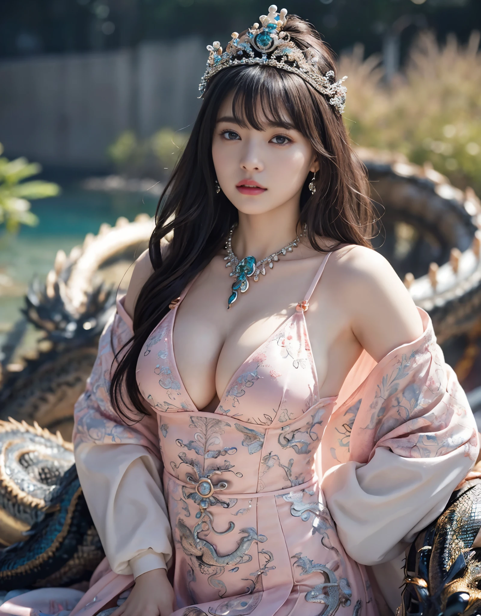 (extremely heavy breasts)、highest quality、masterpiece、ultra high resolution、（ice dragon armor）、(((Metal製))),(((big breasts)))、(((Detailed revealing pink micro bikini))),(she wears a beautiful crown made of precious stones.),(Photoreal:1.4)、RAW photo、1 girl、(((random hair))、(((color々take a pose)))、glowing skin、(((black chinese dragon)))、intricate and gorgeous hair ornaments、（Looks like a gorgeous jewelry necklace）、（someone who looks at you calmly, Eyes like a goddess.）happiness:1.2).((beautiful sea background))、cliff、(ruins background)、((Super realistic details))、portrait、global illumination、（sexy pose）、Shadow、octane rendering、16K、big breasts、Raw skin exposed in the cleavage、Metal、intricate decorative details、Japan details、very intricate details、realistic light、CG Society Trenlow Eyes、Eyes shining towards the camera、（veil）、(((heavy big))),Shining eyes shine、armpit、24K,