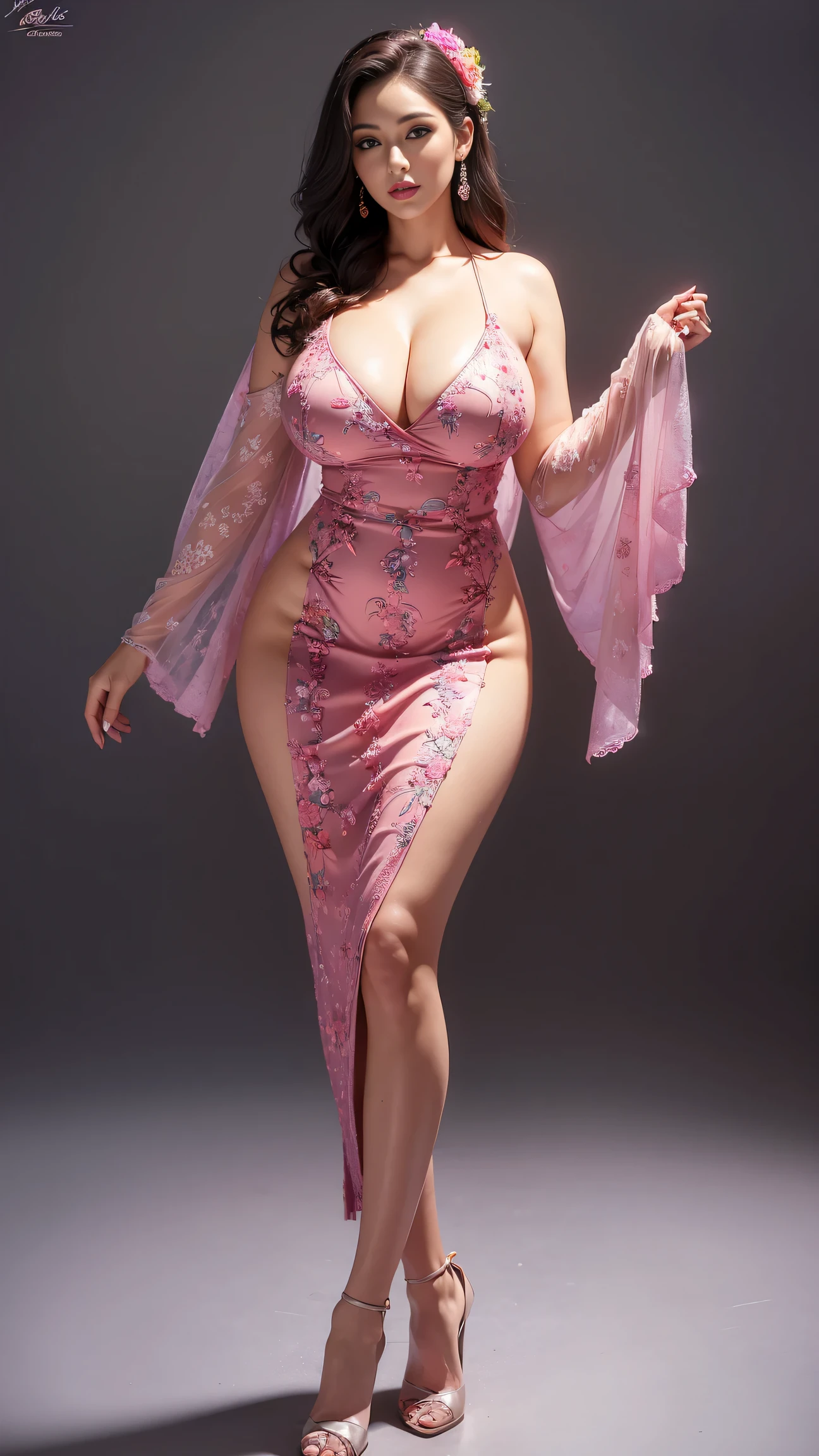 (best quality, ultra-detailed, realistic:1.37),portrait,voluptuous woman,flower,tight dress, Random dress color, passionate look,large buttocks,vibrant colors,soft lighting, standing, full body view, extreme tall, long legs, very tall, tall,