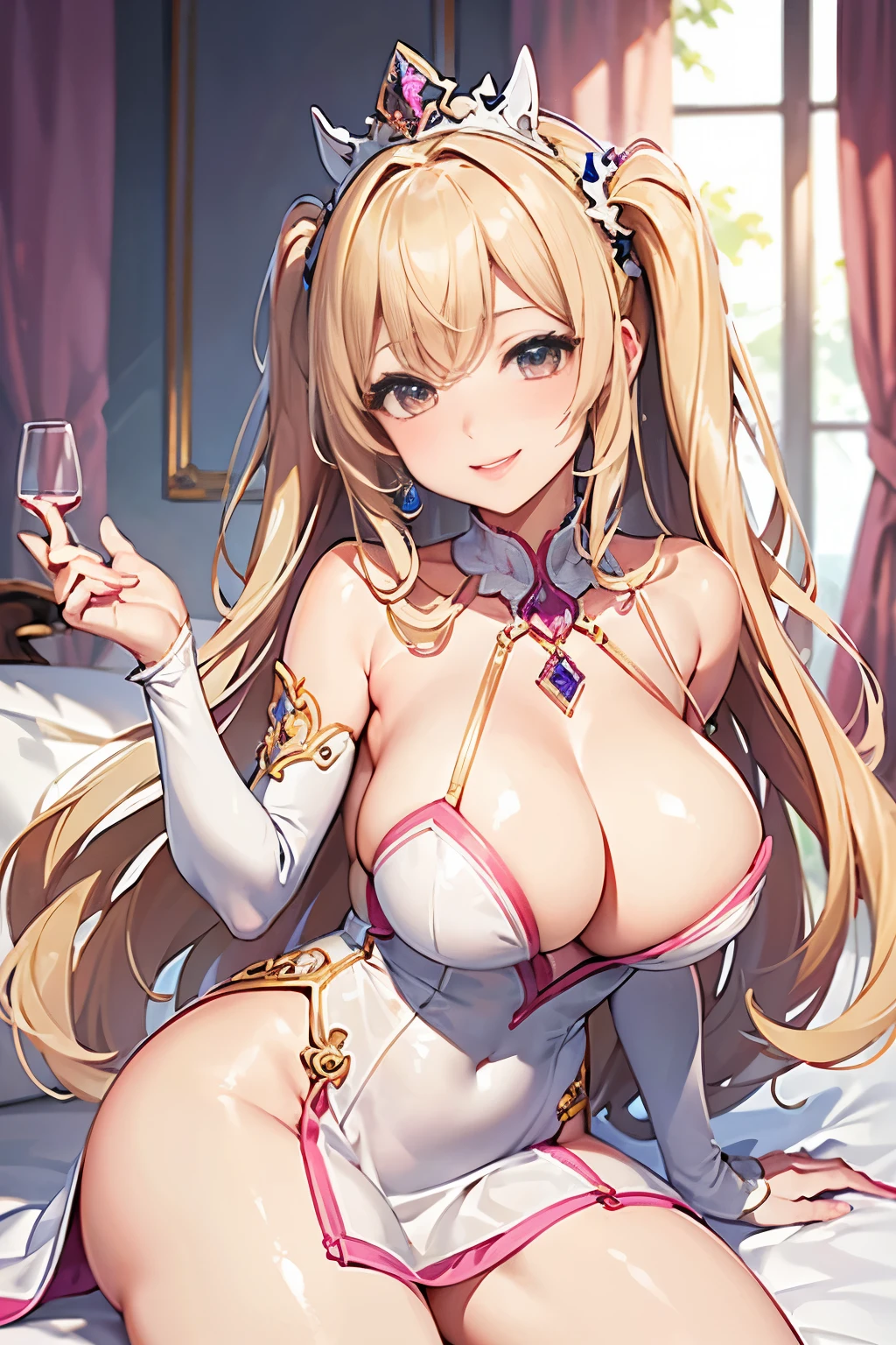 masterpiece, highest quality, Curvaceous, wide waist, lips,、Perfect for your skin、micro dress、blonde、Muchimuchi、pink mesh、smile、compensate、 out、precious stones