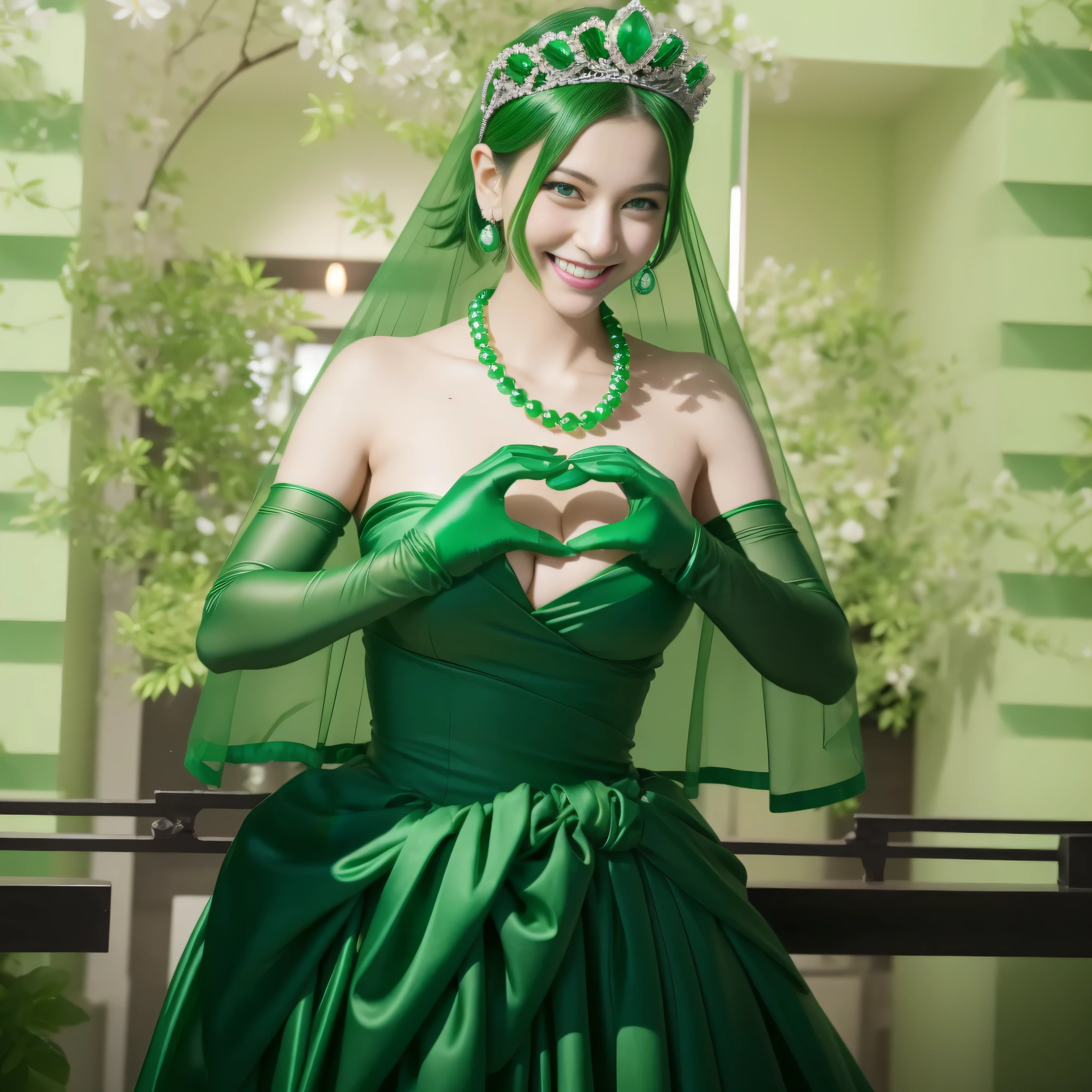 emerald tiara, green pearl necklace, boyish very short green hair, lipstick, smiling Japanese woman, very short hair, big breasts beautiful, green eyes, Long Green Satin Gloves, green eyes, V sign, emerald earrings, green veil, green lip gloss