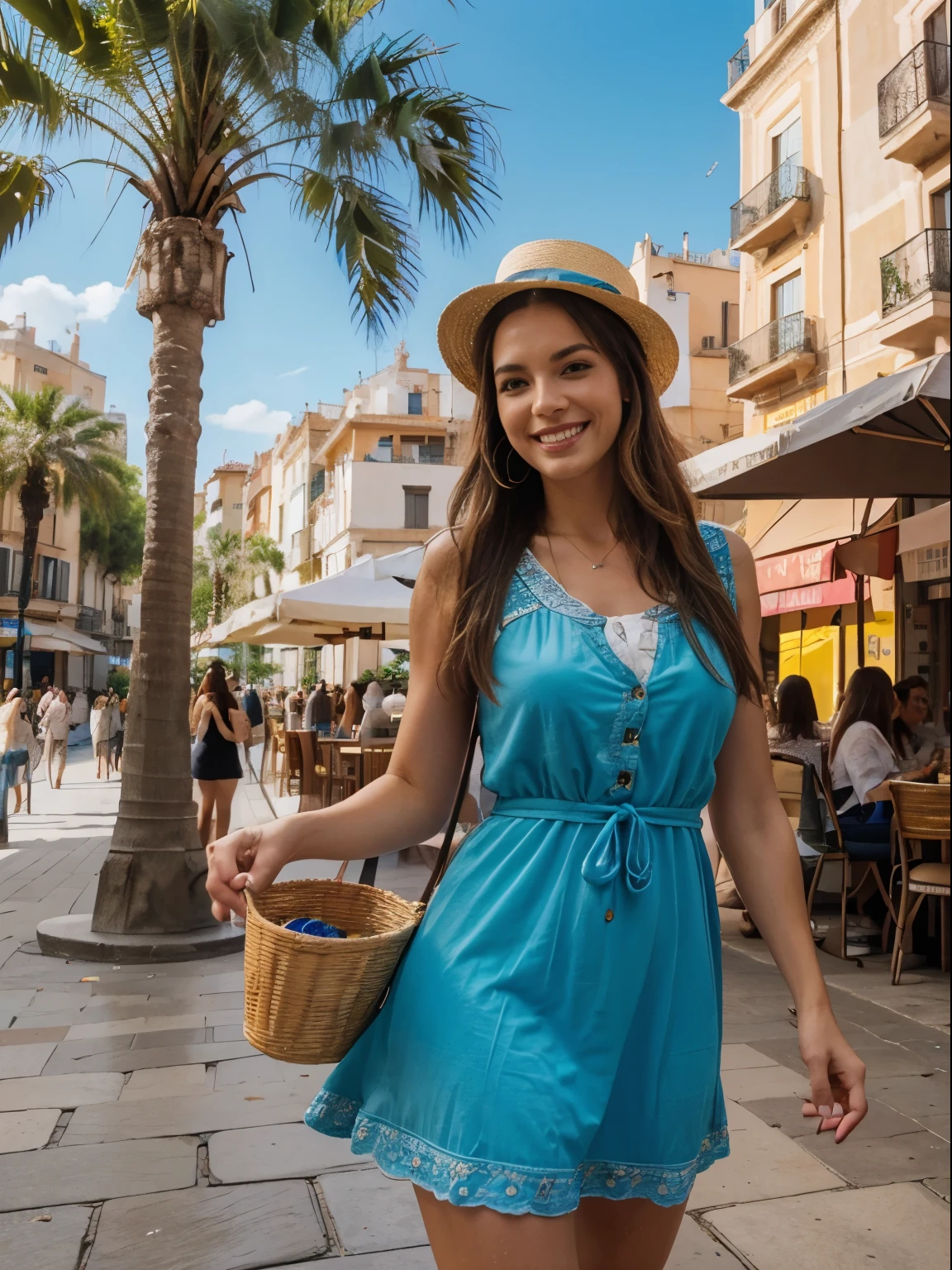 (best quality,highres,ultra-detailed:1.2), HDR, vivid colors, beautiful girl in her 40s, Barcelona square, lively atmosphere, charming architecture, colorful flowers, happy people, stunning view, cozy cafe, outdoor dining, sunny weather, elegant dress, stylish hat, joyful expression, long flowing hair, vibrant street performers, bustling crowd, street musicians, mouthwatering food stands, historical landmarks, mosaic pavement, decorative fountains, palm trees, blue sky, warm sunshine, laughter and laughter, carefree moments