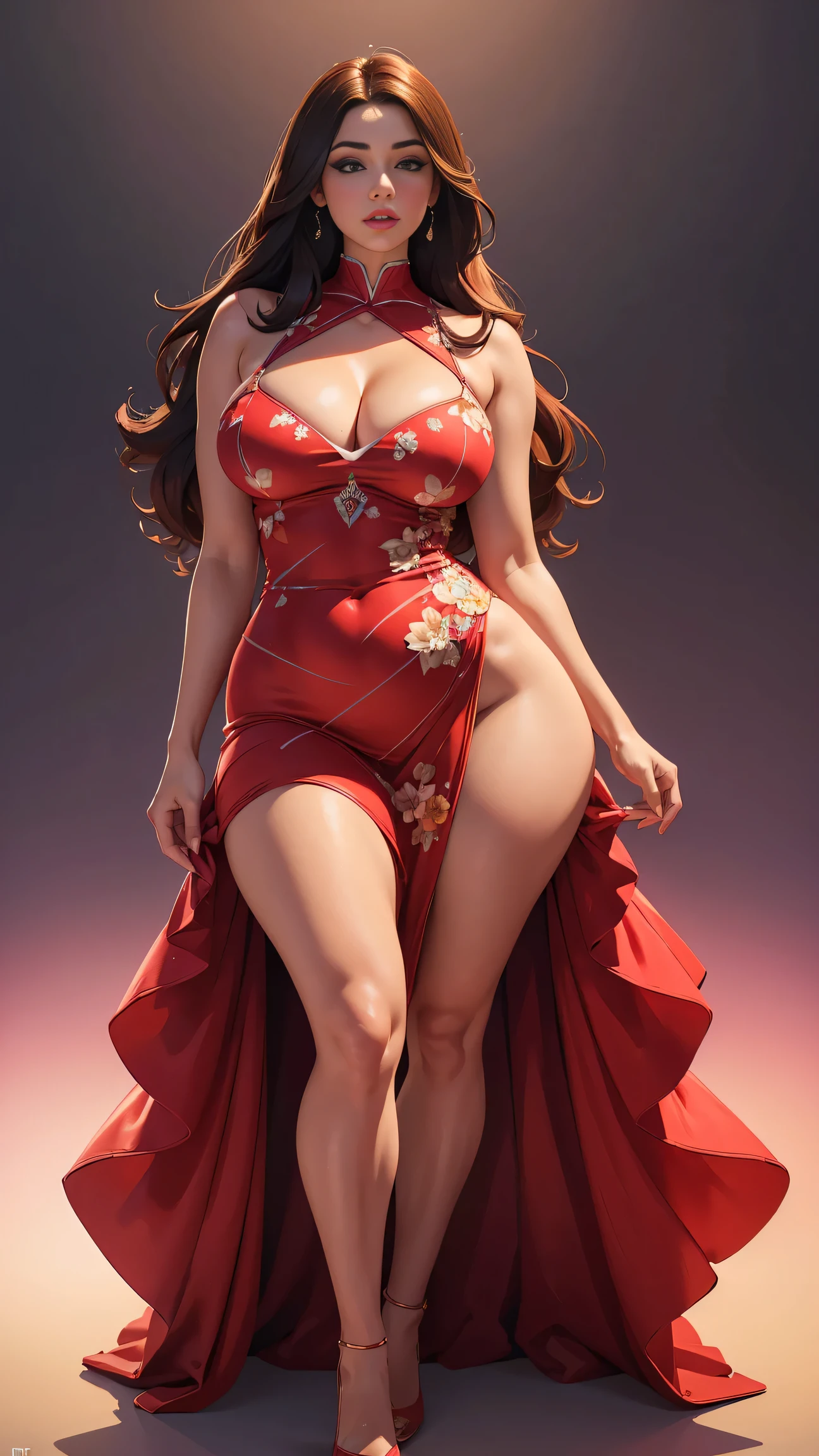 (best quality, ultra-detailed, realistic:1.37),portrait,voluptuous woman,flower,tight dress, Random dress color, passionate look,large buttocks,vibrant colors,soft lighting, standing, full body view, extreme tall, long legs, very tall, tall,