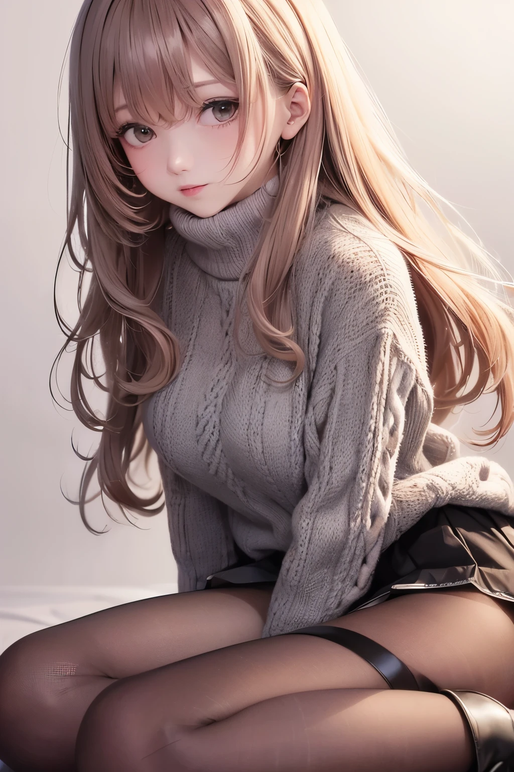 best quality, 32k, RAW photo, incredibly absurdres, extremely detailed, delicate texture, cute woman, (fluffy layered side blow flowing glossy medium hair), wearing fluffy long-pile knit sweater, fluffy skirt, skirt lift, pantyhose, fluffy long boots, superlative body proportion, background pastel color