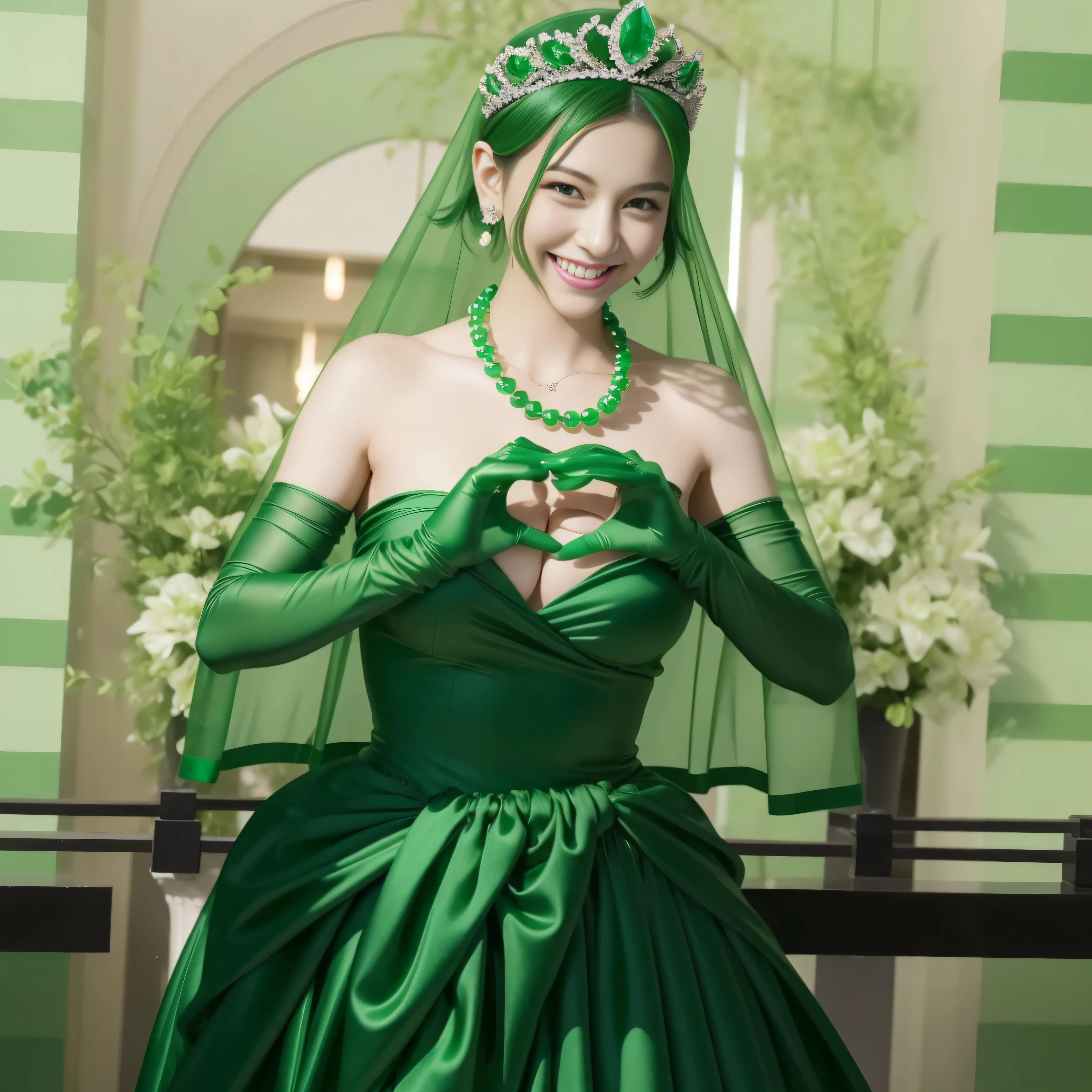 emerald tiara, green pearl necklace, boyish very short green hair, lipstick, smiling Japanese woman, very short hair, big breasts beautiful, green eyes, Long Green Satin Gloves, green eyes, V sign, emerald earrings, green veil, green lip gloss
