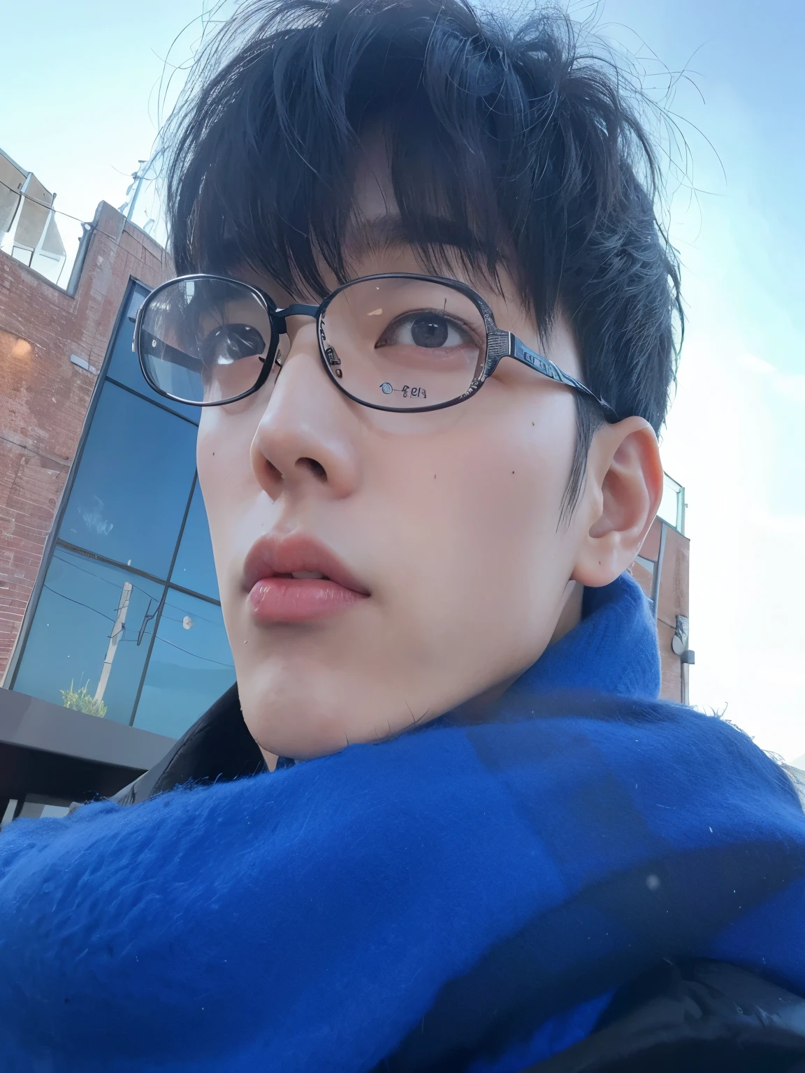 Arafed man with glasses and a blue scarf outside., foto de perfil en la cabeza, kim doyoung, cai xukun, hong junio hyung, Jinyoung Shin, foto de perfil 1024px, yanjun chengt, TaeJune Kim, hyung tae, con gafas, sakimichan, heise jinyao, pintar ulzzang, 22 years