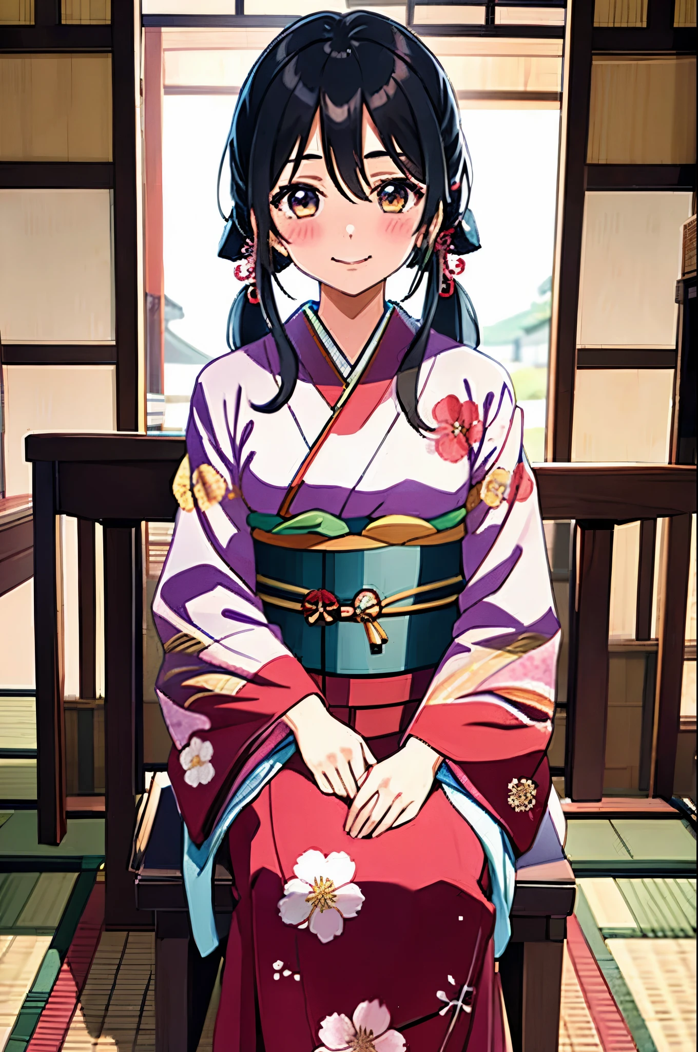 1girl,solo,bangs,black hair,long hair,loose low twintails,osage,hair_bow,blush,eyebrows visible through hair,hair between eyes,(tareme),narrowed eyes,white_marble_glowing_skin,looking at viewer,seductive_smile,
BREAK (furisode, long-sleeved kimono, obi, floral print),sitting_on_chair,hands_on_lap,an antique armrest chair,portrait,traditional_Japanese_restaurant,