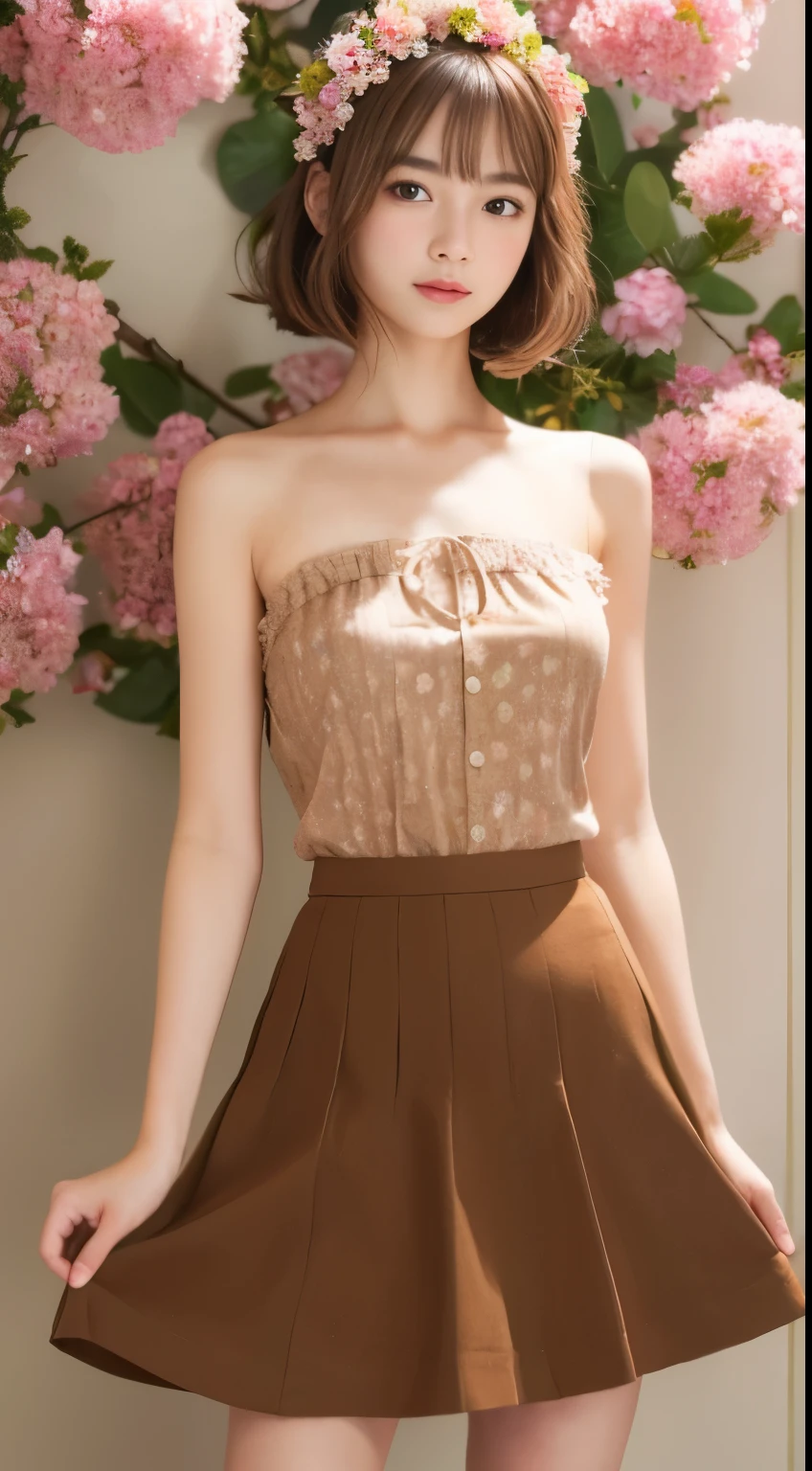 ((highest quality, 8K, masterpiece)), Super detailed, ,, cute nude skirt girl,,,,, brown shoulder-length hair | ribbon,,flowers in full bloom々