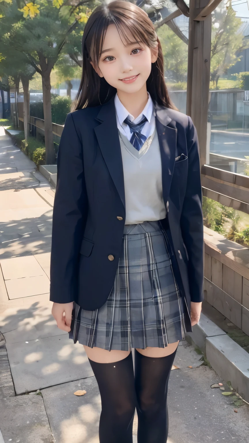 Super fine、8k、muste piece、(RAW photo:1.4)、High resolution、((Composition gradually moving away from the subject))、((Full body photo from face to ankles))、((perfect anatomy))、Landscape Pose、1 female 14 years old、detailed skin、glowing skin、baby face、double eyelid、long eyelashes、Moist eyes、small face、smile、open your mouth、Neat and clean hairstyle、school hallway、stare out the window、Natural light comes in from the windows、Dreaminess、Japanese school scenery、Have a textbook、middle School girls、A blue and gray school bag slung over my shoulder、、slender and delicate body、small breasts、Blazer uniform with green lines、girls school uniform、plaid skirt、healthy、young female teenager、black tights、black tights、black knee high socks、茶色のloafers革靴、loafers、full body shot、Neat and clean hairstyle、Emphasizes the rather slender leg line
