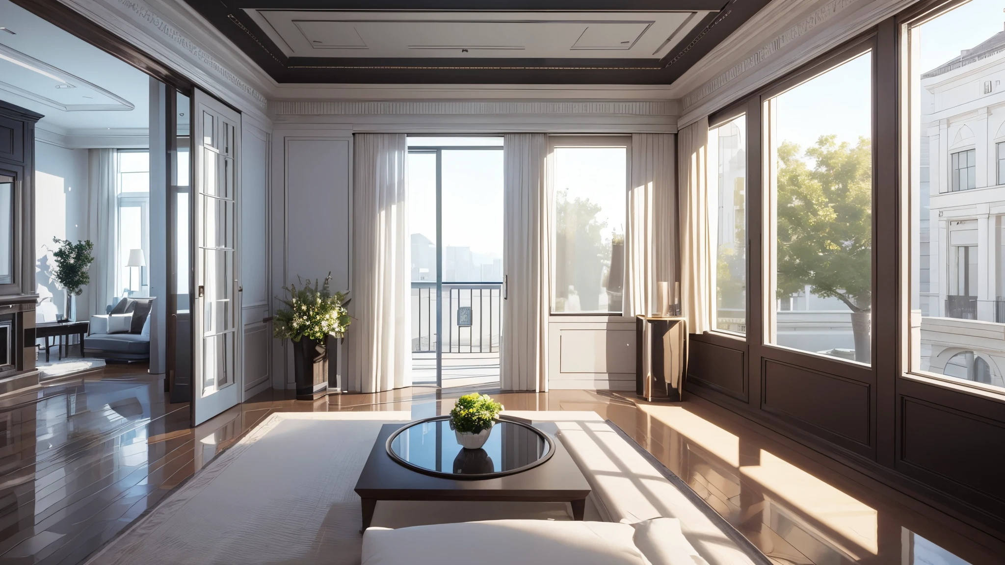 You are a famous interior designer、You have been asked to create a 3D image of a modern large room. Create a harmonious environment with modern and minimalist furniture. Including garden interior.