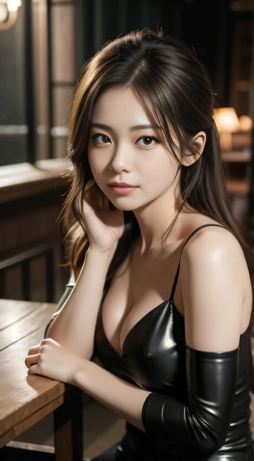 masterpiece、In 8K、RAW photo、(realistic:1.4)、high resolution mouth、eyes are high definition、shiny skin、Big eyes、round face,double eyes、puffy eyes、medium chest women、half open mouth、provocative look、one woman、25 years old, self snap、Bold and obscene pose、put your hands behind your head、Upper body、woman wearing glasses、film grain、movie light、expressive: calm expression,gentle smile, soft eyes,Plump,Okame Hairstyles: Long natural hairs stand out: Posture dressed in soft brown clothes: Stand quietly、Break a Girl,alone、University Indoor