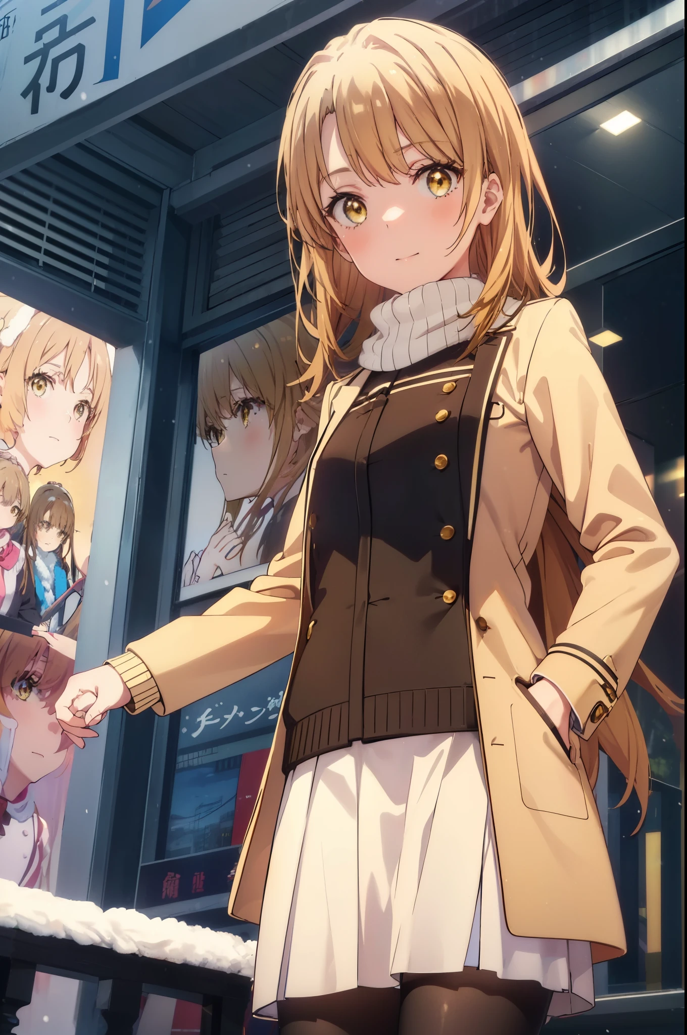 irohaisshiki, Isshiki Iroha, long hair, light brown hair, (brown eyes:1.5), smile,blush,yellow long coat,sweater,red muffler,long skirt,Black pantyhose,short boots,winter,It's snowing,garden,階段に座ってる
break outdoors, city,garden,
break looking at viewer,peek from below,
break (masterpiece:1.2), highest quality, High resolution, unity 8k wallpaper, (shape:0.8), (beautiful and detailed eyes:1.6), highly detailed face, perfect lighting, Very detailed CG, (perfect hands, perfect anatomy),
