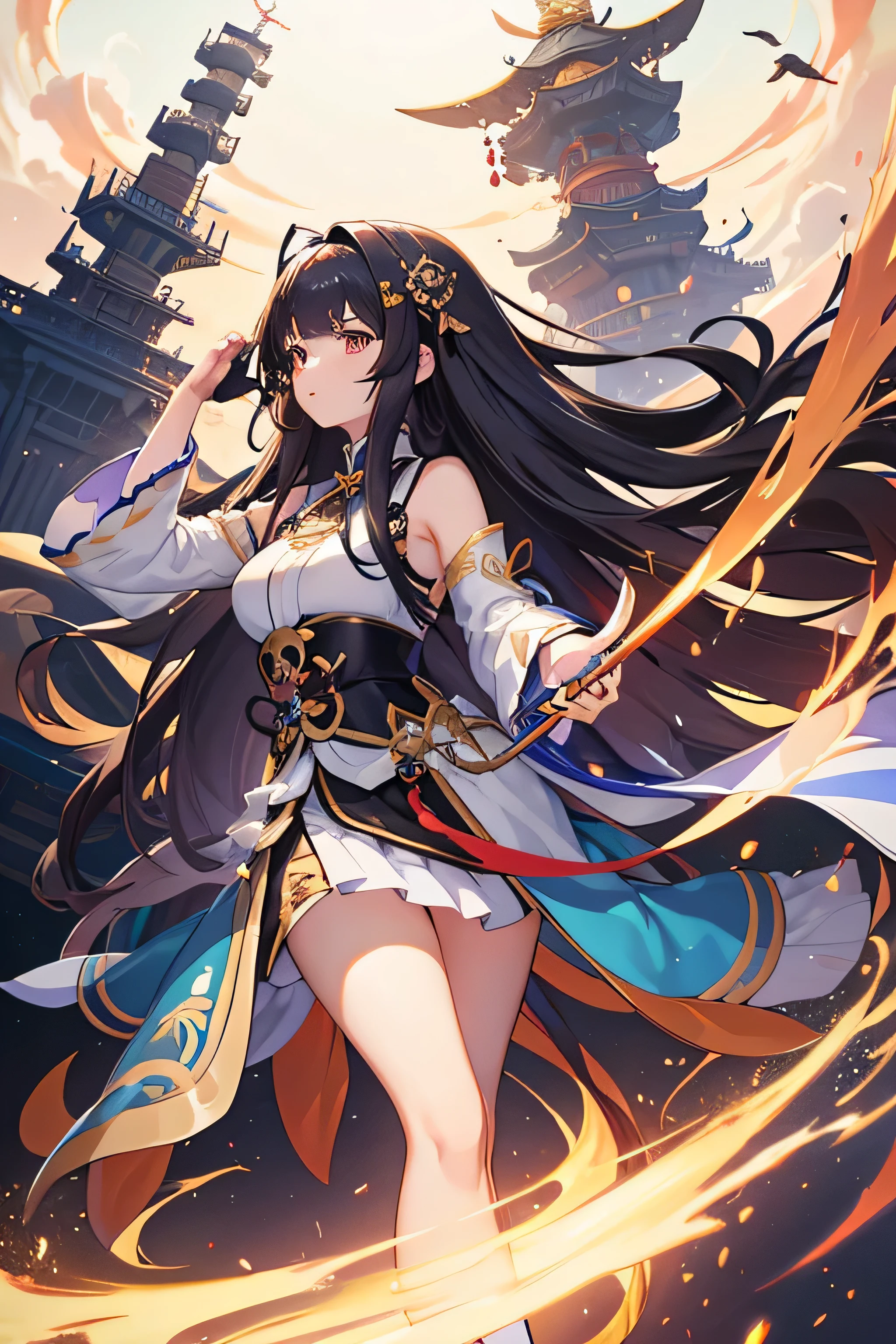 8k, masterpiece, high-quality, anime girl with long brown hair and sword in blue dress, ayaka genshin impact, from the azur lane videogame, azur lane style, characters from azur lane, granblue fantasy, from arknights, genshin impact character, keqing from genshin impact, arknights, ayaka game genshin impact, katana zero video game character, magnificent ancient Chinese background, Li Sushang, cultivator, Honkai: Star Rail, Sushang,