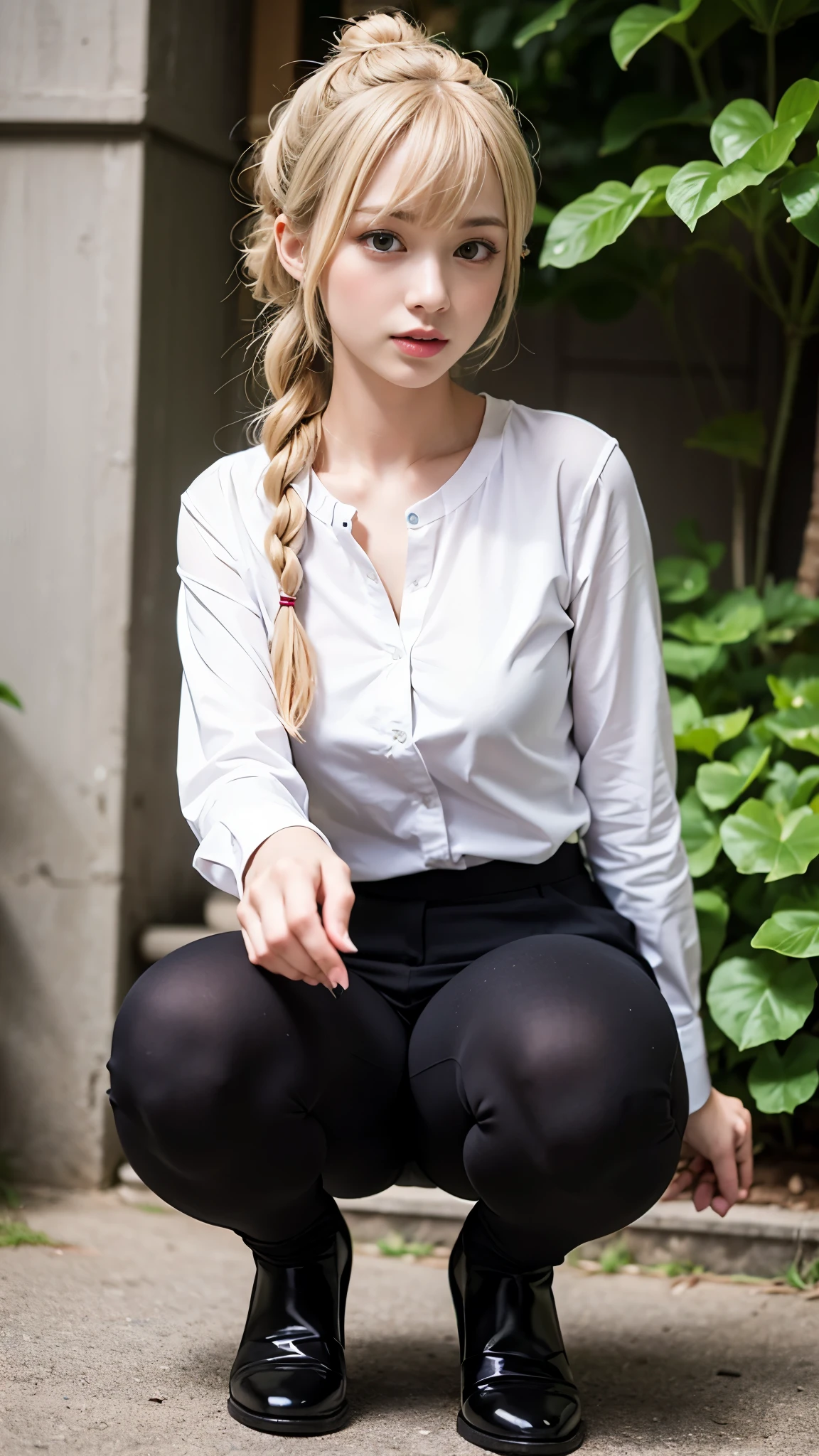 1other, 1girl, small_medium_face, egg-shaped_face, Blonde_hair, Blunt_bangs, braided_bun, eyeliner, long_eyelashes, slender_eyebrow, slender_eyelashes, pink_lips, female, slender, slenderwaist, huge_breasts, slender_thighs, frilled_shirt, downpants, squatting, small_face