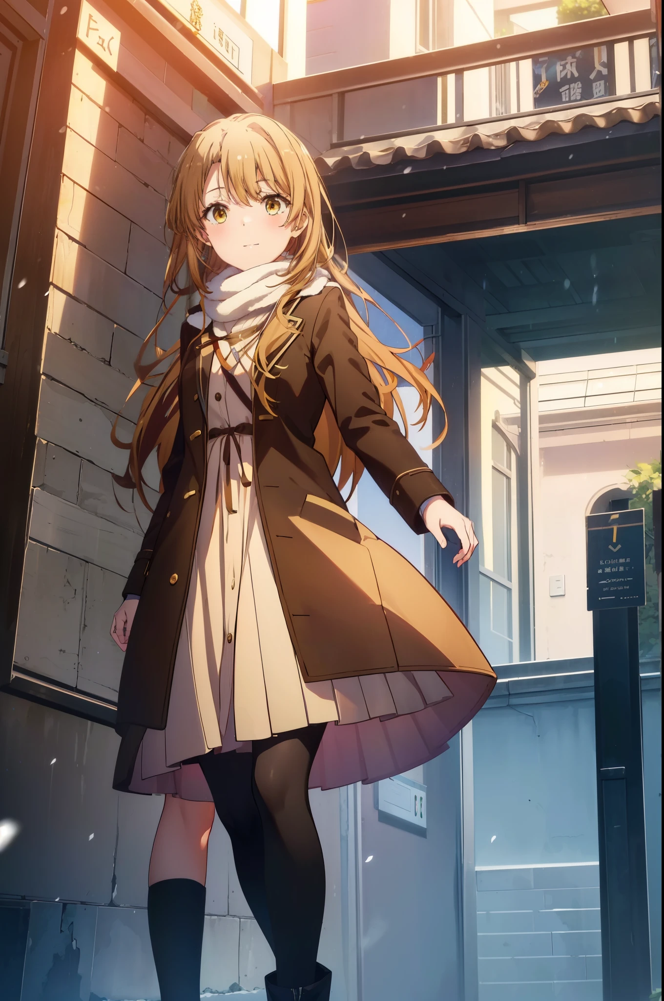 irohaisshiki, Isshiki Iroha, long hair, light brown hair, (brown eyes:1.5), smile,blush,yellow long coat,sweater,red muffler,long skirt,Black pantyhose,short boots,winter,It's snowing,garden,階段に座ってる
break outdoors, city,garden,
break looking at viewer,peek from below,
break (masterpiece:1.2), highest quality, High resolution, unity 8k wallpaper, (shape:0.8), (beautiful and detailed eyes:1.6), highly detailed face, perfect lighting, Very detailed CG, (perfect hands, perfect anatomy),