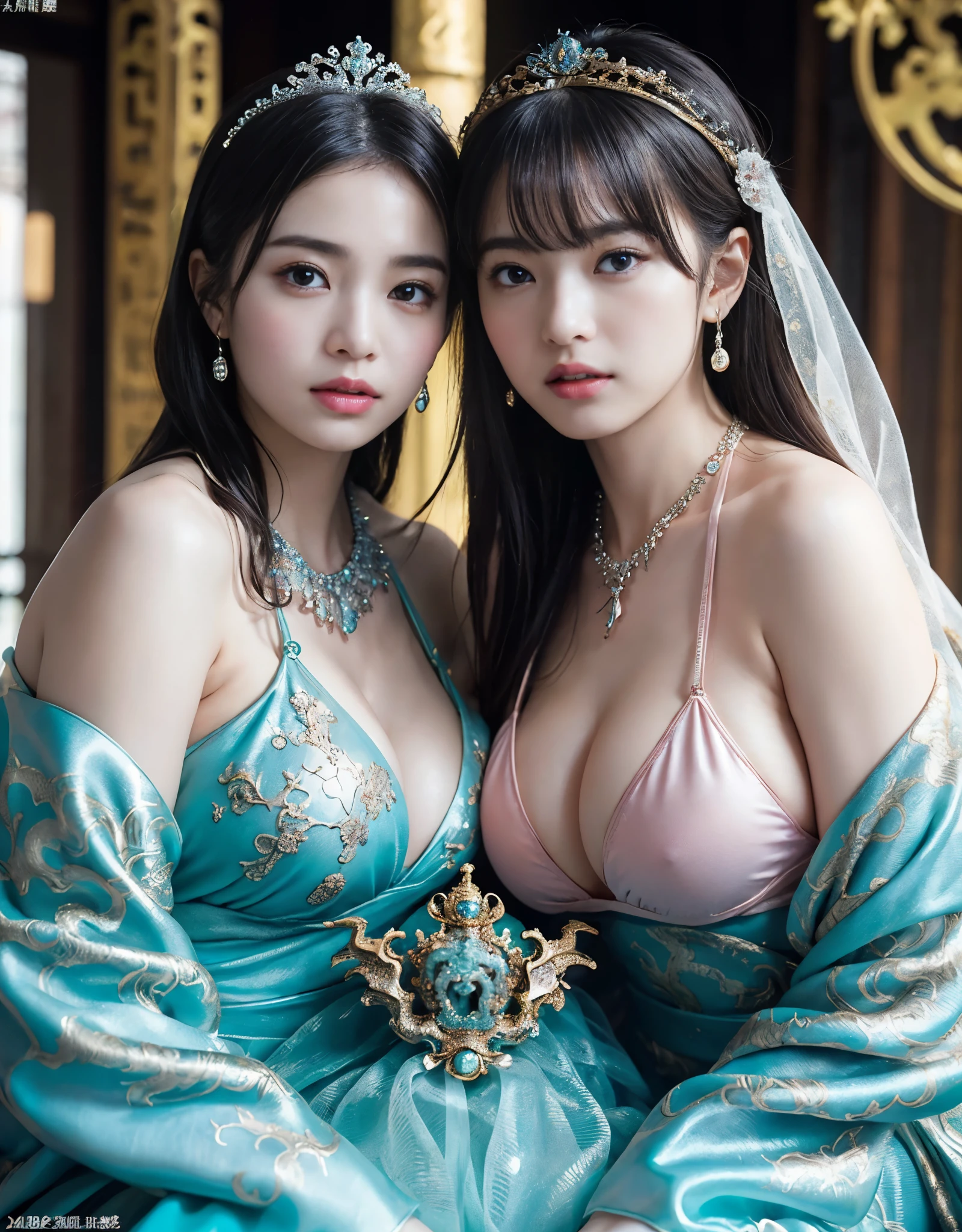 (extremely heavy breasts)、highest quality、masterpiece、ultra high resolution、(ice dragon armor)、(((Metal製))),(((big breasts)))、(((Detailed revealing pink micro bikini))),(she wears a beautiful crown made of precious stones.),(Photoreal:1.4)、RAW photo、1 girl、(((random hair))、(((color々take a pose)))、glowing skin、(((black chinese dragon)))、intricate and gorgeous hair ornaments、(Looks like a gorgeous jewelry necklace)、(someone who looks at you calmly, Eyes like a goddess.)happiness:1.2).((beautiful sea background))、cliff、(ruins background)、((Super realistic details))、portrait、global illumination、(sexy pose)、Shadow、octane rendering、16K、big breasts、Raw skin exposed in the cleavage、Metal、intricate decorative details、Japan details、very intricate details、realistic light、CG Society Trenlow Eyes、Eyes shining towards the camera、(veil)、(((heavy big))),Shining eyes shine、armpit、24K,