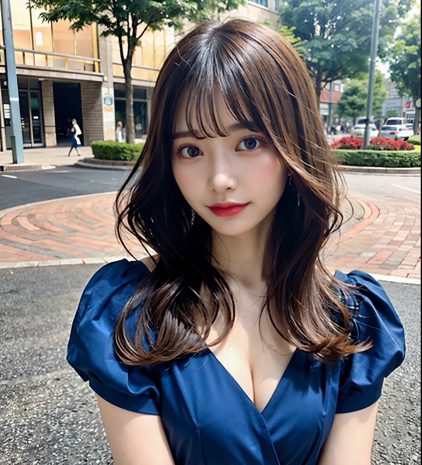 finely, High resolution, high quality、perfect dynamic composition, beautiful and fine eyes, medium hair, 、natural color lip,Kamimei、20 year old girl、1 person、transparent skin、shining hair、table top, 最high quality, super detailed, finely, High resolution, 8K、correct state of the human body、squat、sculpture model pose,beautiful ilumination,Photographed with hair fluttering in the wind,Blue long dress:1.5,my chest is open:1.5,)),My chest is exposed,big breasts,amusement park,Opens the chest area and emphasizes the chest,Too perfect chest,big breasts,Breasts overflow from clothes