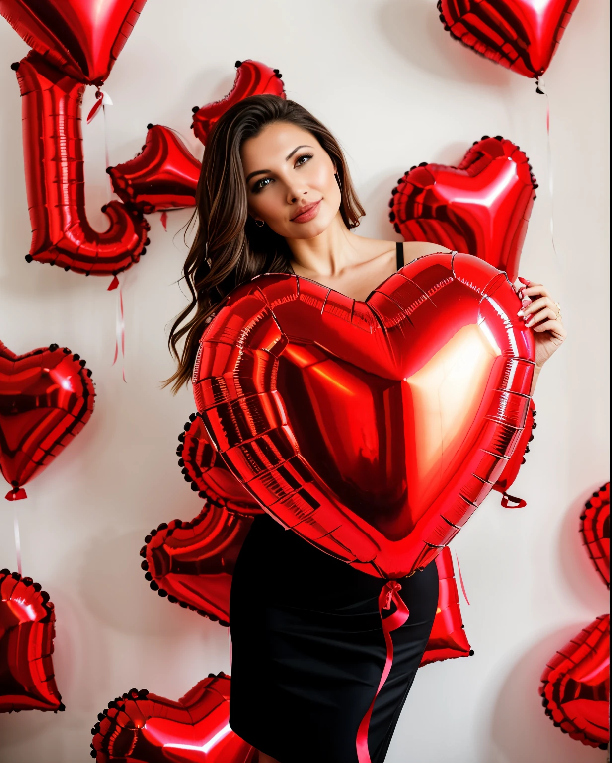 Woman holding a heart-shaped balloon in front of a wall of red balloons, Brunette, Symmetrical facial, Red hearts, Julia Pishtar, Anna Nikonova aka newmilky, Anna Nikonova, beautiful, masha krasnova, John shouted, Anastasia Ovchinnikova, profile picture, amorant, Magdalena more often, photo shoot in the style of lovers, Valentine's Day, hot air balloon, Love, black dress , HD, 4k , Good quality, Shot on canon Eos 6D, Drill-down, natural light