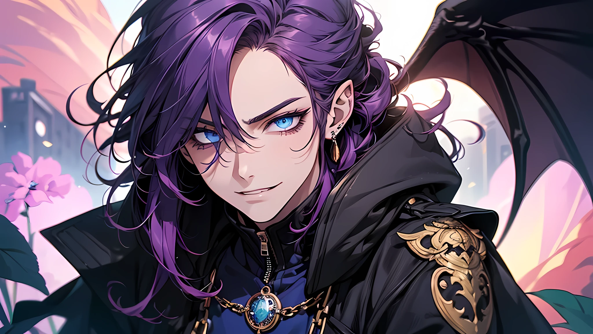 ((Best quality)), ((masterpiece)), ((highly intricate details)),beautiful, high quality, highres, absurdres, light difussion, intricate details, complex details, ((anime)), (anime:1.2) , (perfect face:1.3), extreme detailed eyes, colorful, highest detailed, vibrant colors, high contrast, (8K UHD:1.2), (photorealistic:1.2),(masterpiece:1.4), (best quality:1.4),extremely detailed wallpaper, highly detailed illustrations, (1 Boy), (best lighting) , (super-complex details) , 4K unified, (super-detailed CG: 1.2) , (8K: 1.2),(original), (masterpiece) , (best quality) , (reality: 1.3) , photorealistic, Octane rendering, (surreal: 1.2) , solo, (semi-realistic webtoons art), upper body focus, attractive skinny unkempt scruffy fit male, man, tsurime, exposed abs, male focus, handsome, thin black horns, flirty male pose, dynamic angle, moles under eyes, pointy ears, piercings, detailed embellished black purple fantasy demon clothes belts clasp chains zippers punk cool edgy, piercings, black purple demon wings, (((semi-realistic ikemen eyes))), ((sharp narrow sultry eyes)), ((happy seductive smirk)), ((short dark violet purple cool layered disheveled hair)), (((dark bright vivid vibrant violet hair))), 1braid small thin sidelock, fang, (forehead), (middle-parted hair), ((((blue eyes)))), detailed eyes, glossy hair, glaze, high quality, 8k, luminescent, vibrant colors, vivid colors, chromatic aberration, iridescent, light particles, purple blue roses theme,