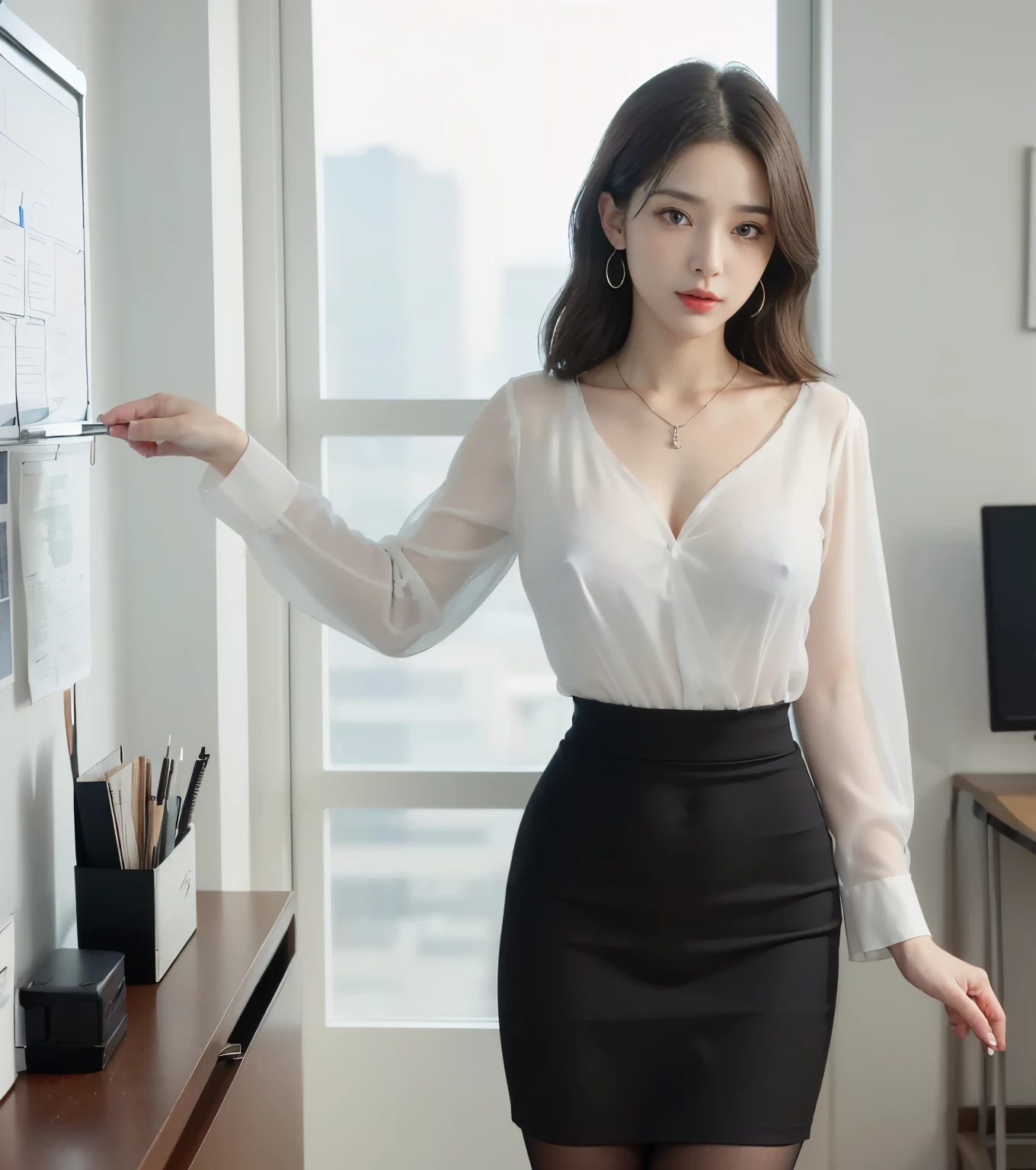 透けたnipple、beautiful nipples、(smile)、(nipple見え)、(translucent shirt:1.2)、(In 8K、highest quality、masterpiece:1.2)、(genuine、photogenuineistic:1.37)、Super detailed、1 girl、cute、、、beautiful and detailed sky、office、sitting、date、(blush your nose)、 (perfect beautiful beautiful face:1.15)、(closed mouth)、細やかなbeautiful eyes、(skeleton shirt:1.1)、daytime、、short cut hair、、white lace、(short hair:1.5)、floating hair、body、20 year old woman、brown hair、、brown eyes、small head、((M cup fashion girl、beautiful eyes、genuine face、genuine skin、genuine-looking face、genuineな肌、fine eyes、、(No underwear:1.3)、、viewer、Look carefully at the face and chest、, see-through shirt。the tip of the chest sticks out。Areola is protruding。(The shape of the genitals is clearly visible), lots of eyelashes。black eyeshadow。bright red lips。black sexy high heels。pubic hair。The lower abdomen is bristly。thin。thighs are open。pubic hairが非常に多い。nippleは非常に突き出ています, そして繊細なbody型、Dark blue suit、camel'With toes、protruding pussy_nipple