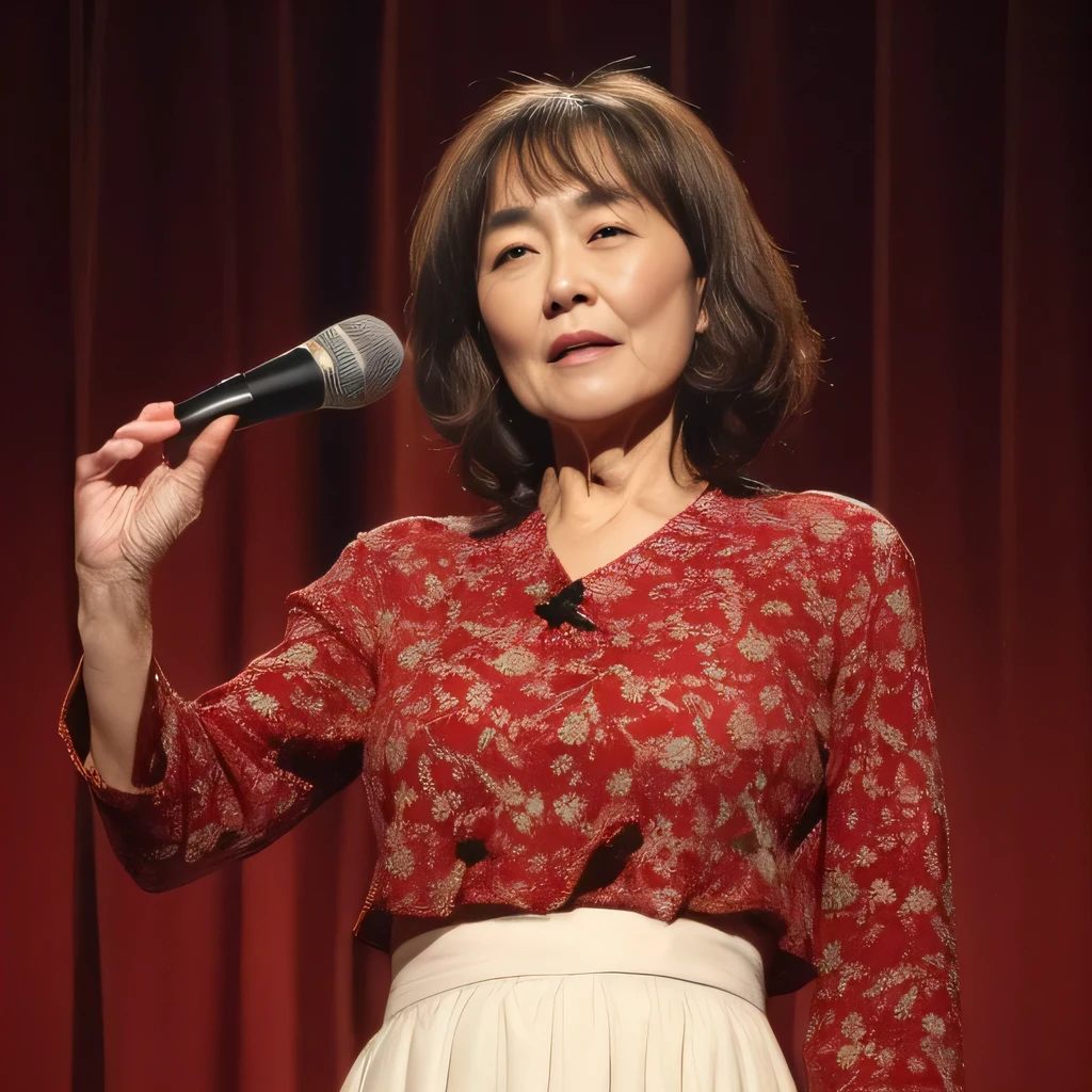 ((highest quality、8K、masterpiece:1.3))、((Beautiful Japan woman in her 60s))、1 female、Burst Chest:1.3、(toned abdominal muscles、slender body shape:1.1、show me your stomach )、lecherous、dark brown hair、(stand up、anger、look at the camera、skirt:1.1 )、highly detailed face、detailed lips、fine eyes、double eyelid