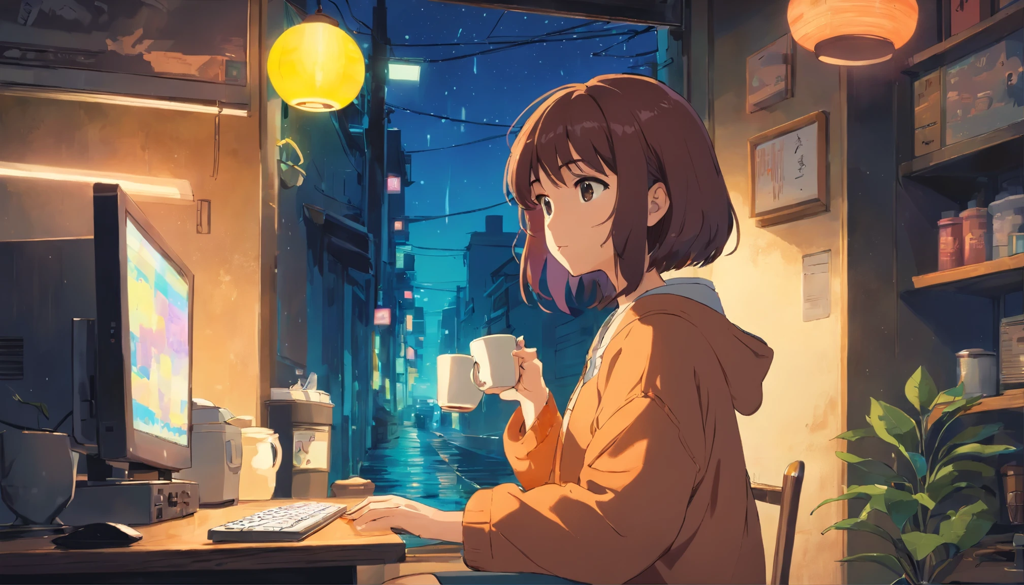 korean girls,Korean style,Girl Drinking Coffee,coffee cup brown,steam from the cup,2D style anime, lo-fi, hard disk, dark environment,, brown hair, black eye, brown skin, 12 years old , vestindo um pijama rosashoppingeuropean hippie girlmeditationher room, dreaming, night lights, Neon landscape on a rainy day, Analog Color Theme, lo-fiヒップホップ , retrospective exhibition, flat, 2.5D ,Draw a line, ink painting, big gradient, watercolor painting, Goosch color, Studio Ghibli style, Awesome colorful, outerton, Krautlock, Lofiato, 70s style,Old textures, amplitude,Psychedelic atmosphere, table top, amazing technology, 2D anime style, i will fix it, hard disk, dark environment,Steam from the humidifier,