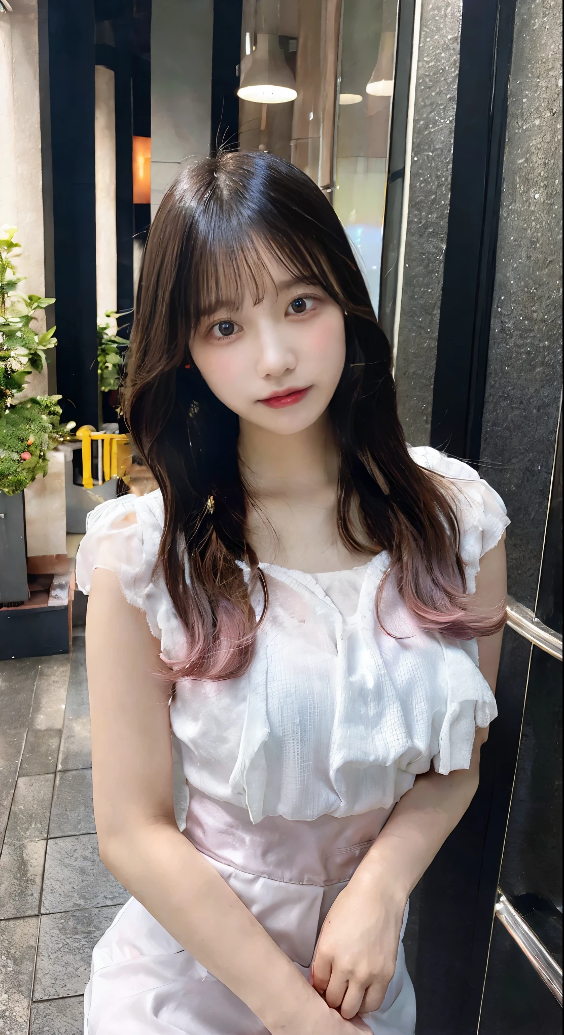 Clear system,White blouse,lower body pink miniskirt,whole body