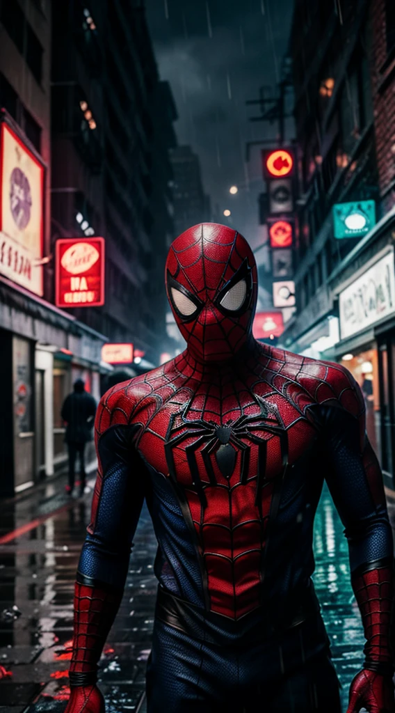 Spiderman in the rain, half mask, torn off, zombie face, new york alley background which is blurred,