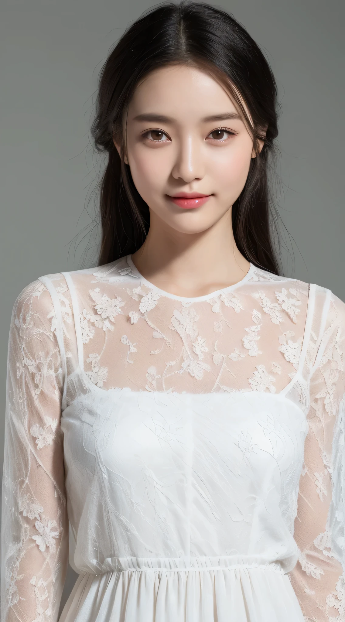 (best quality, 8k, masterpiece:1.3)) , (one person: 1.4), 1 girl, korean woman, goddess, 25 years old, portrait photos, high contrast, God'the opinion of, Aperture F1.2, Focal length 24mm, ( whole body: 1.2), Smile, Posing for photos, fine lace, Slip dress, Simple tailoring dress, Branded dress, Simple tailoring, long black hair, hair tied up, Ultra-fine skin details, Detailed fabric texture