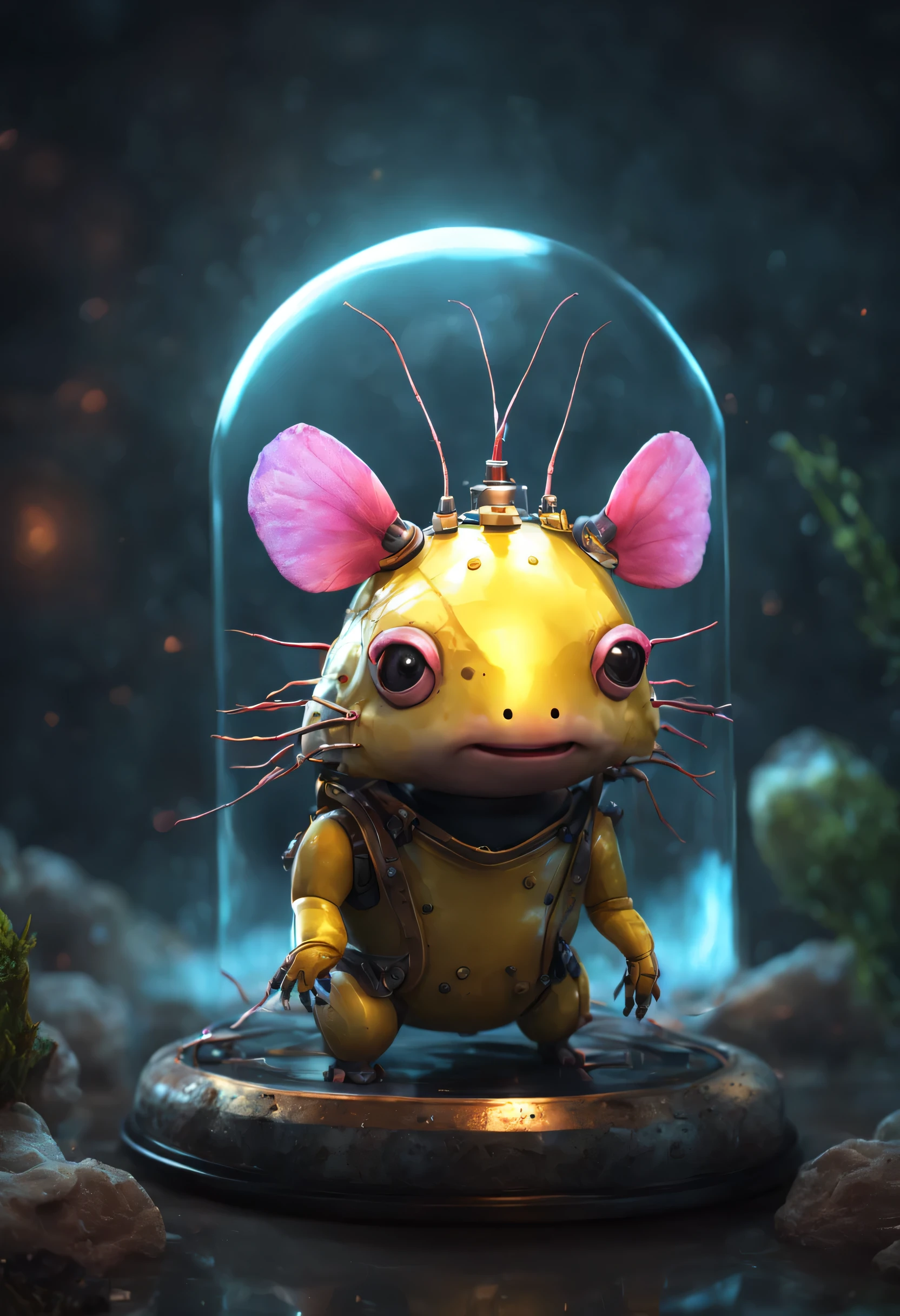 ultra muy detallado, linda caricatura robot-axolotl, arte conceptual, Vadim Kashin, gran angular, Claroscuro, luz de llanta, cinematic light, cinematic effects, Ultra texturizado, ultra muy detallado, Estiliza 1000, Viñeta, Luz puntual, Efecto vidrio roto, Sin antecedentes, impresionante, algo que ni siquiera existe, Being mythical, Energy, molecular, texturas, escamas iridiscentes y luminiscentes, impresionante belleza, Pure perfection, presencia divina, inolvidable, impresionante, impresionante belleza, volumetric light, auras, rayos, Los colores vivos reflejan, amarillo negro