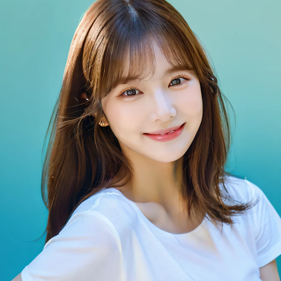 Best quality, masterpiece, ultra-high resolution, (photorealistic: 1.4), 1 woman, smiling eyes, (ulzzang-6500-v1.1: 1.0), brown hair, black eyes, 30 years old, beautiful woman, actress, white T-shirt,light blue background