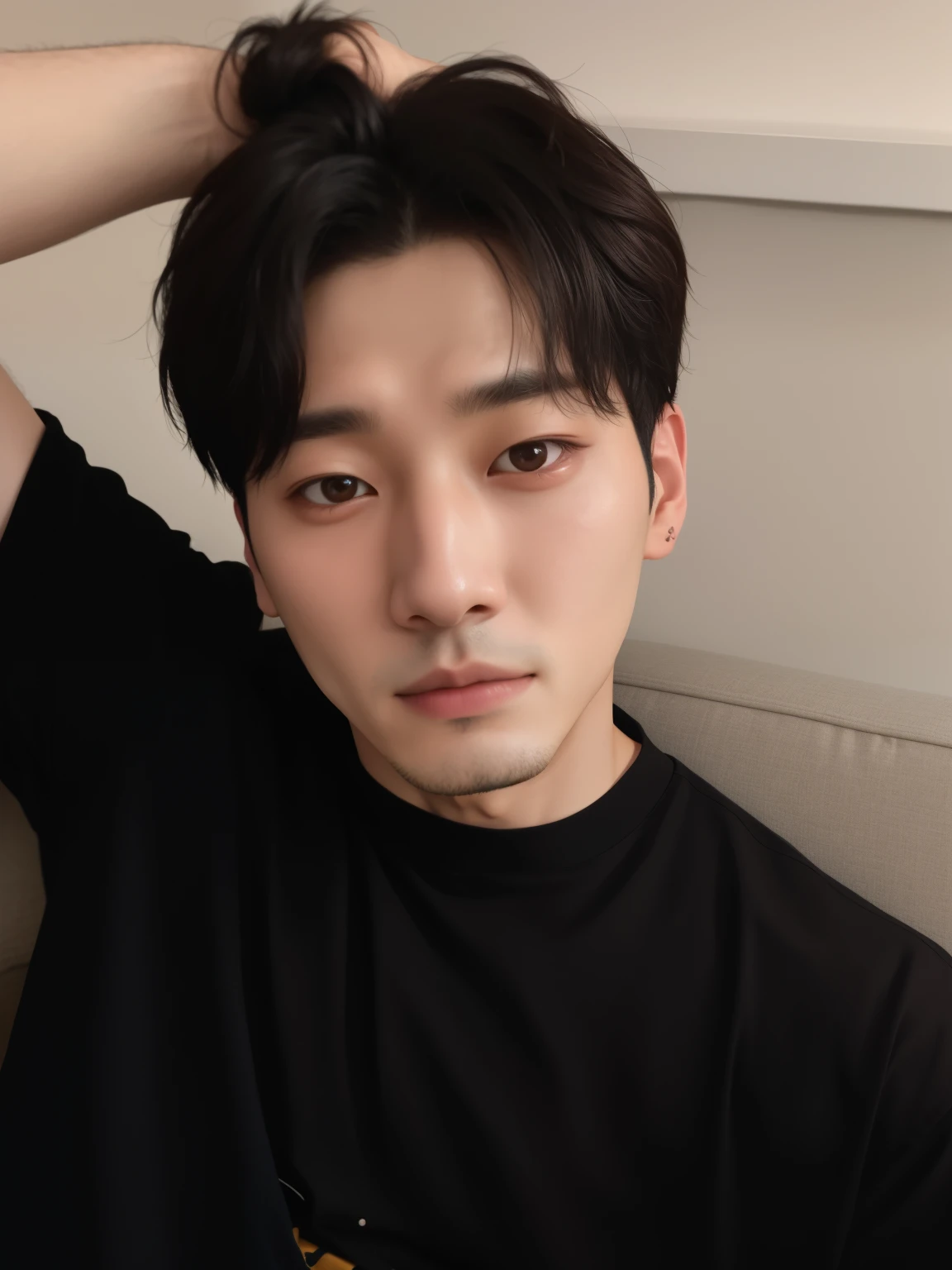Arafed man in a black shirt sitting on a sofa with his hair tied in a bun, jungkook, pale korean adorable face, cai xukun, yoongi de pelo negro, he is 35 years old, hyung tae, Tiene una forma de cabeza alargada, he is about 2 0 years old, He is approximately 2 , he is about 20 years old