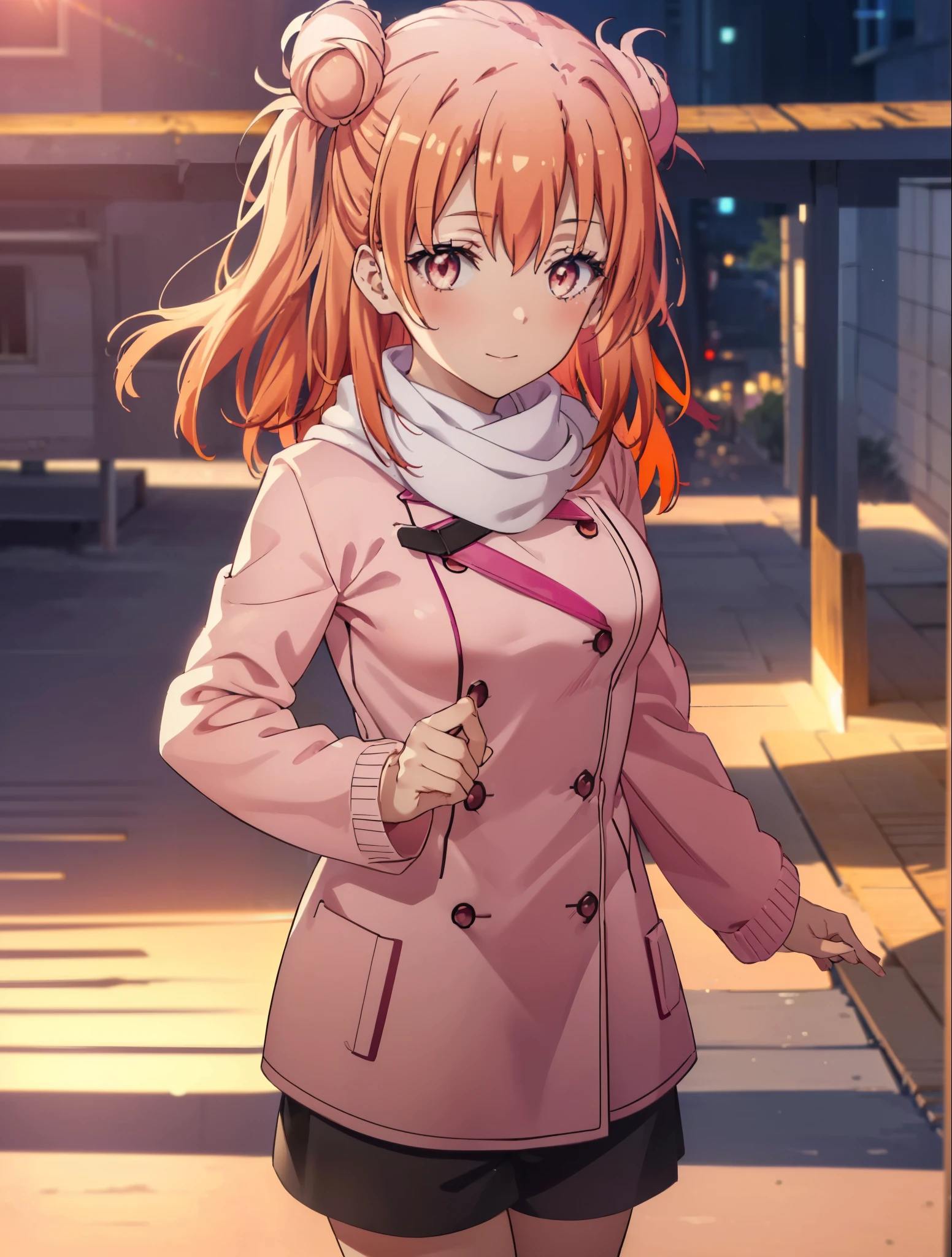 yuiyuigahama, yui yuigahama, long hair, (pink eyes:1.5), (orange hair:1.2), bun hair, single bun hair,blush, smile, (big breasts:1.2),red muffler,Pink long coat Open the button,white sweater,shorts,black knee high socks,short boots,evening,sunset,
break outdoors,city,building street,
break looking at viewer,whole body,peek from above, (cowboy shot:1.5),
break (masterpiece:1.2), highest quality, High resolution, unity 8k wallpaper, (shape:0.8), (beautiful and detailed eyes:1.6), highly detailed face, perfect lighting, Very detailed CG, (perfect hands, perfect anatomy),