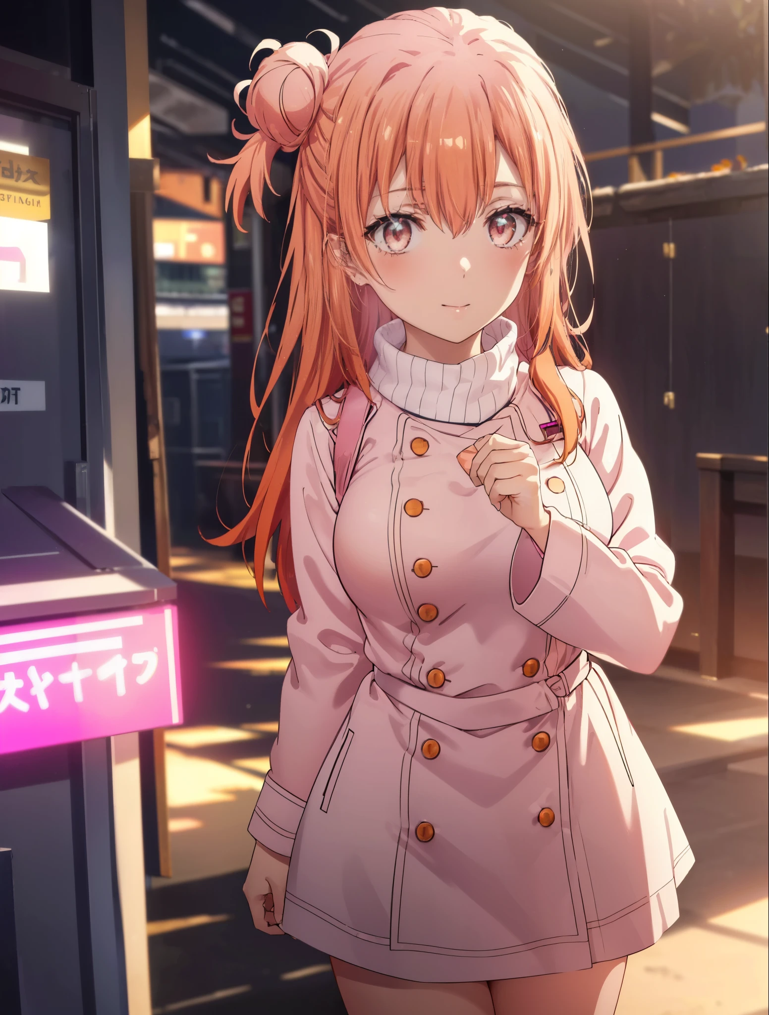 yuiyuigahama, yui yuigahama, long hair, (pink eyes:1.5), (orange hair:1.2), bun hair, single bun hair,blush, smile, (big breasts:1.2),red muffler,Pink long coat　Open the button,white sweater,shorts,black knee high socks,short boots,evening,sunset,
break outdoors,city,building street,
break looking at viewer,whole body,peek from above, (cowboy shot:1.5),
break (masterpiece:1.2), highest quality, High resolution, unity 8k wallpaper, (shape:0.8), (beautiful and detailed eyes:1.6), highly detailed face, perfect lighting, Very detailed CG, (perfect hands, perfect anatomy),