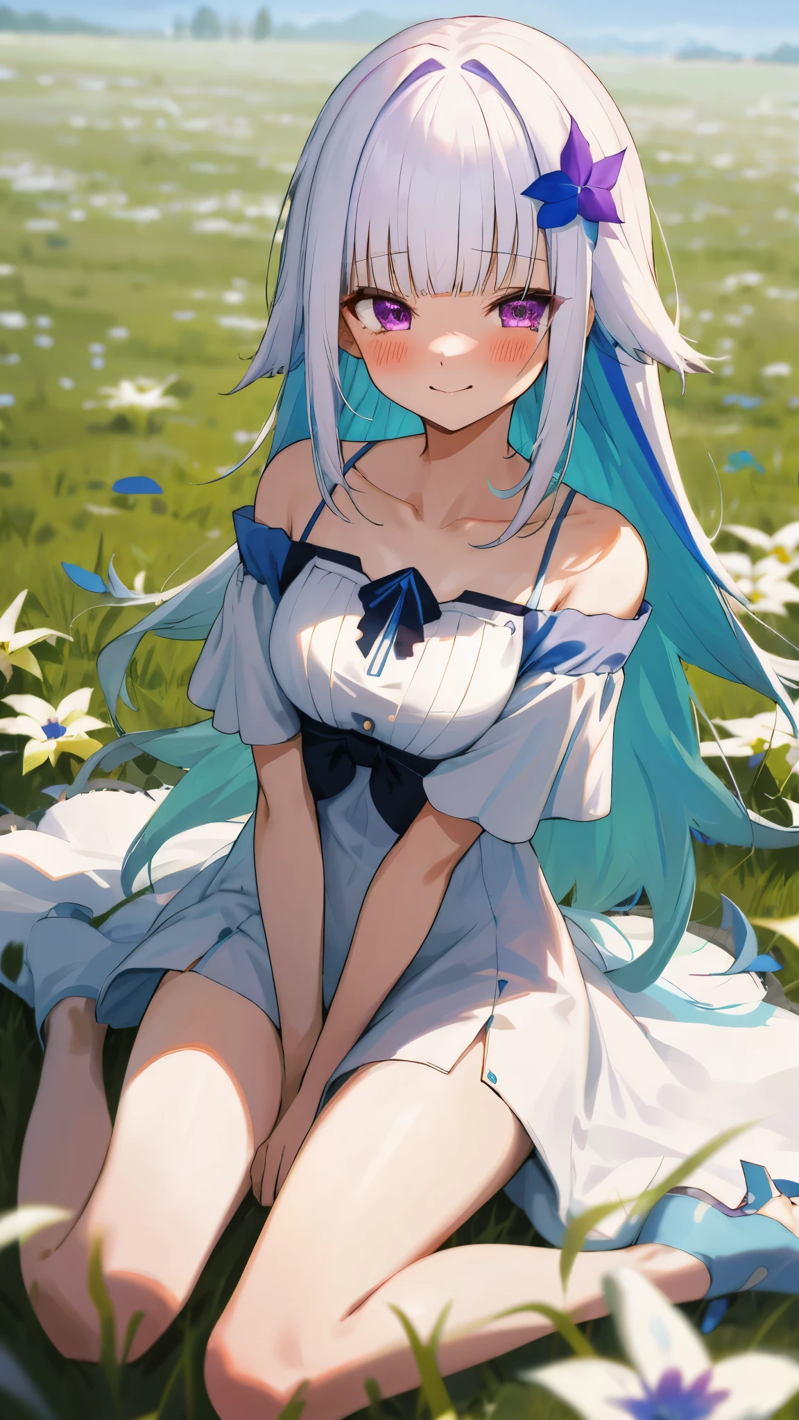 One girl with long hair, blunt bangs, white hair, blue inner hair:1.25) , purple eyes, looking at viewer, blushing, little smile, tears, smiling, outdoor, grass, flower, spread legs, kneeling pose, sitting, white dress, bare shoulders, collarbone, short sleeves, bare legs, mid-chest, day atmosphere, flower hair ornament, medium breasts, focus, blurry background, 