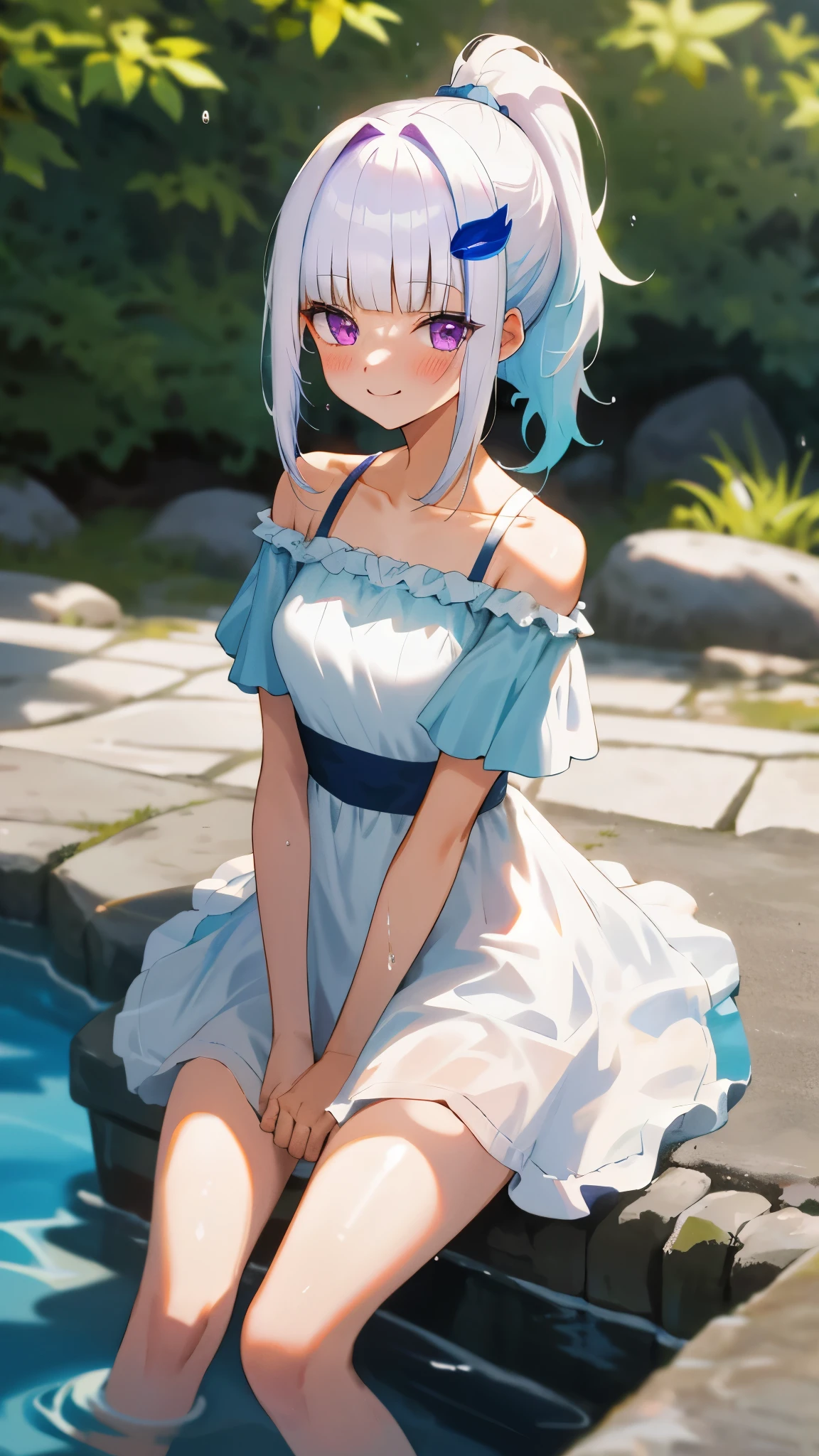 One girl with high ponytail hair, blunt bangs, white hair, blue inner hair:1.25) , purple eyes, looking at viewer, blushing, little smile, outdoor, wet, sit and soak in the water, sitting, white dress, bare shoulders, collarbone, short sleeves, bare legs, mid-chest, day atmosphere, hair ornament, medium breasts, focus, blurry background, 