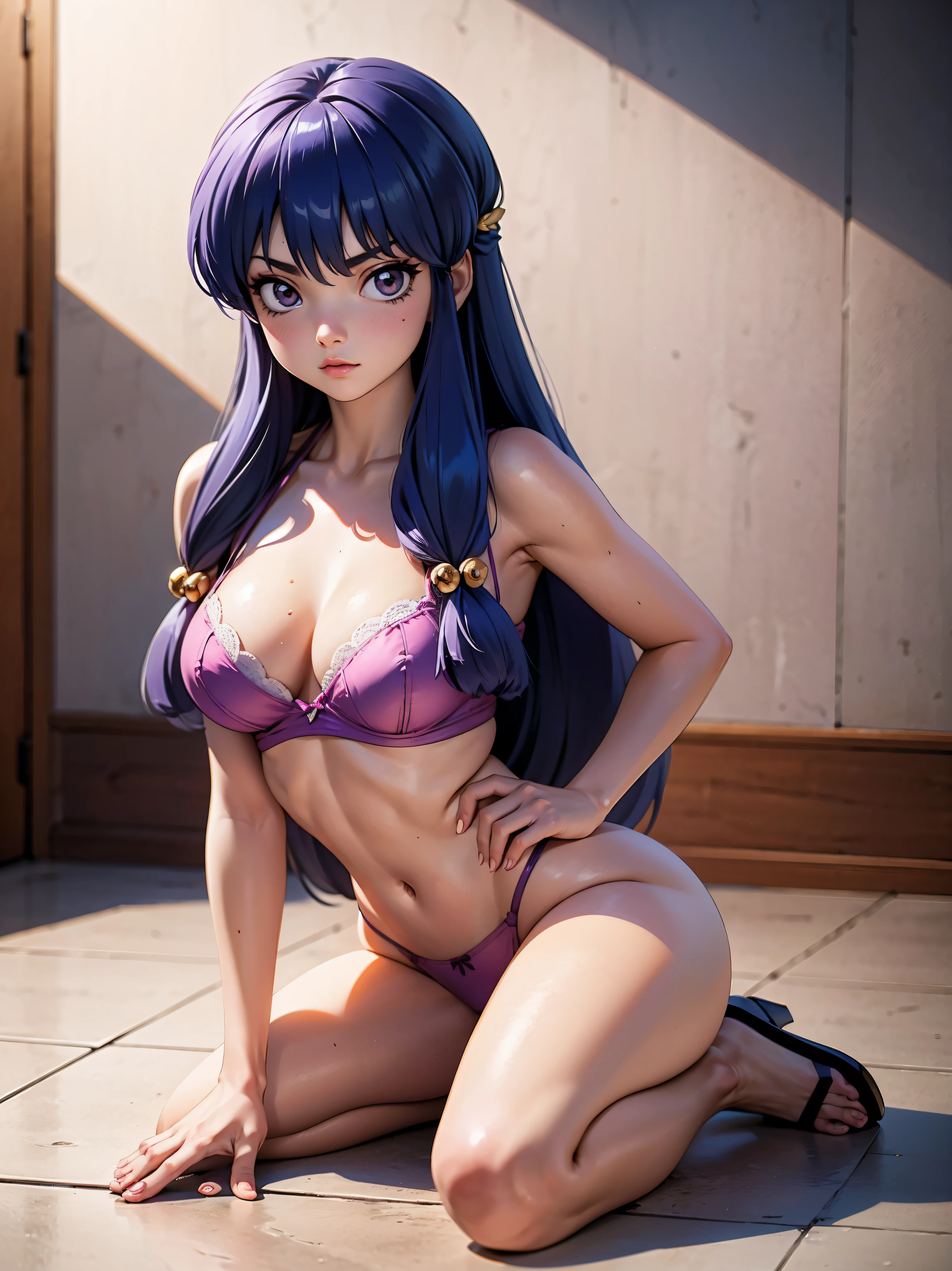 Garota anime cabelo purple com lingerie pink sexy, with sunglasses, Ray-Ban Sunglasses, , corpo bonito, seios grandes, with your hands on your chest, hand on breasts, hand on breasts, Hand on bust, hand on breasts, hand on hip, Garota sexy, purple cabelo , gorgeous lighting, sombras suaves, olhos azuis, pernas bonitas, hair with braid, estilo anime, personagem Shampoo Chan, Autora Rumiko Takahashi, Baseado em obra de Rumiko Takahashi, Anime Ranma 1/ 2, decote sexy, quadril robusto, corpo inteiro, corpo inteiro, busto grande, garota jovem com corpo belo e bonito, sandals on his feet, garota 16 anosbaixa estatura, wearing sexy pink lingerie and sunglasses, Ray-Ban Sunglasses, garota anime, estilo anime, beautiful feet in sandals, sitting on the floor, 45° viewing angle, ao ar livre, postura ereta, postura reta