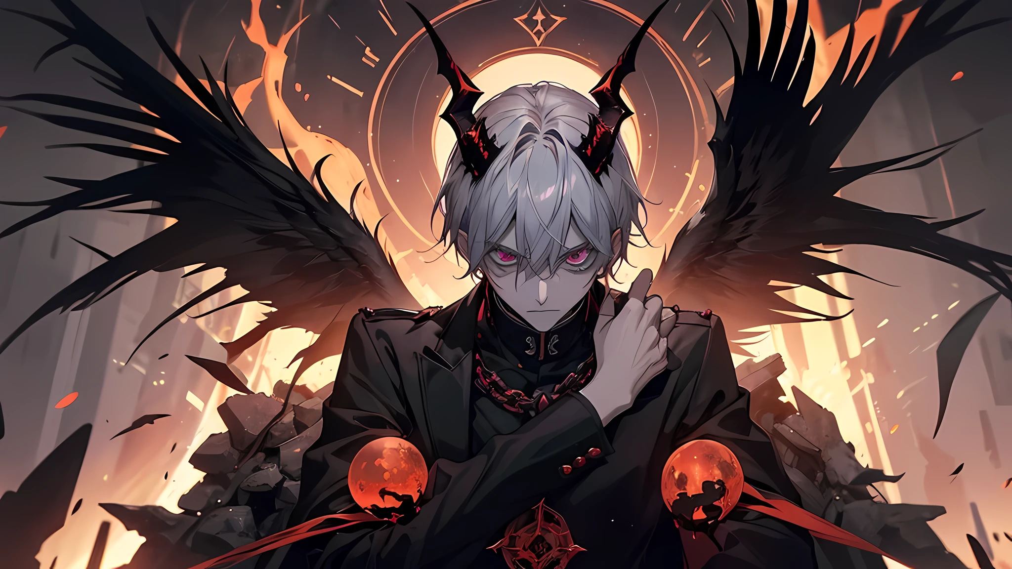 Fallen angel, Samael, black wings, with red lights, tall, strong, red eyes, more human demon face, evil face, horns, environment behind the image, hell, a throne, fire, darkness and hordes of demons around him, purple eyes, The demon has been recognized as an enemy. Unique trait Destroyer is activated