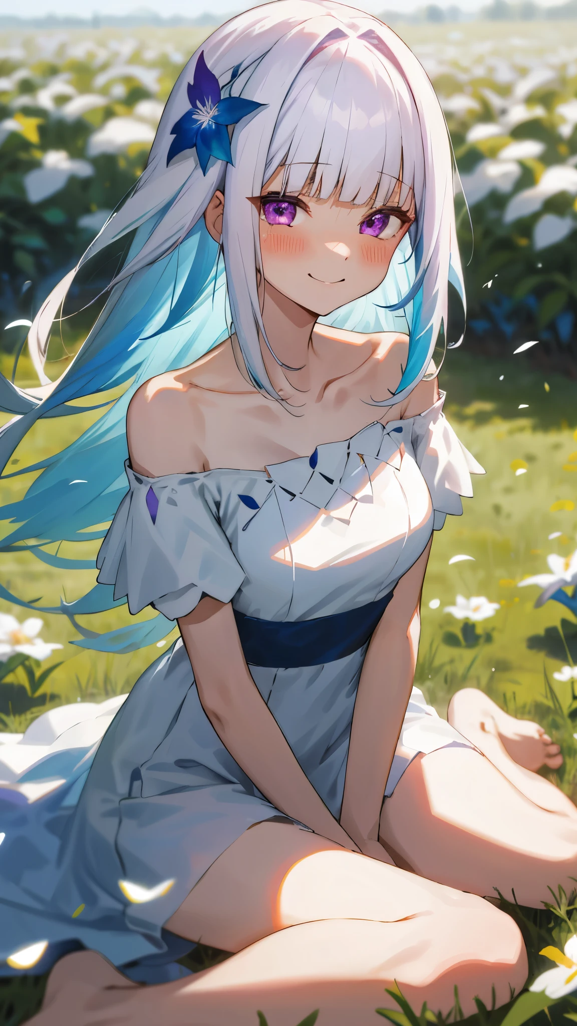 One girl with long hair, blunt bangs, white hair, blue inner hair:1.25) , purple eyes, looking at viewer, blushing, little smile, tears, smiling, outdoor, grass, flower, spread legs, kneeling pose, sitting, white dress, bare shoulders, collarbone, short sleeves, bare legs, feet, mid-chest, day atmosphere, flower hair ornament, medium breasts, focus, blurry background,