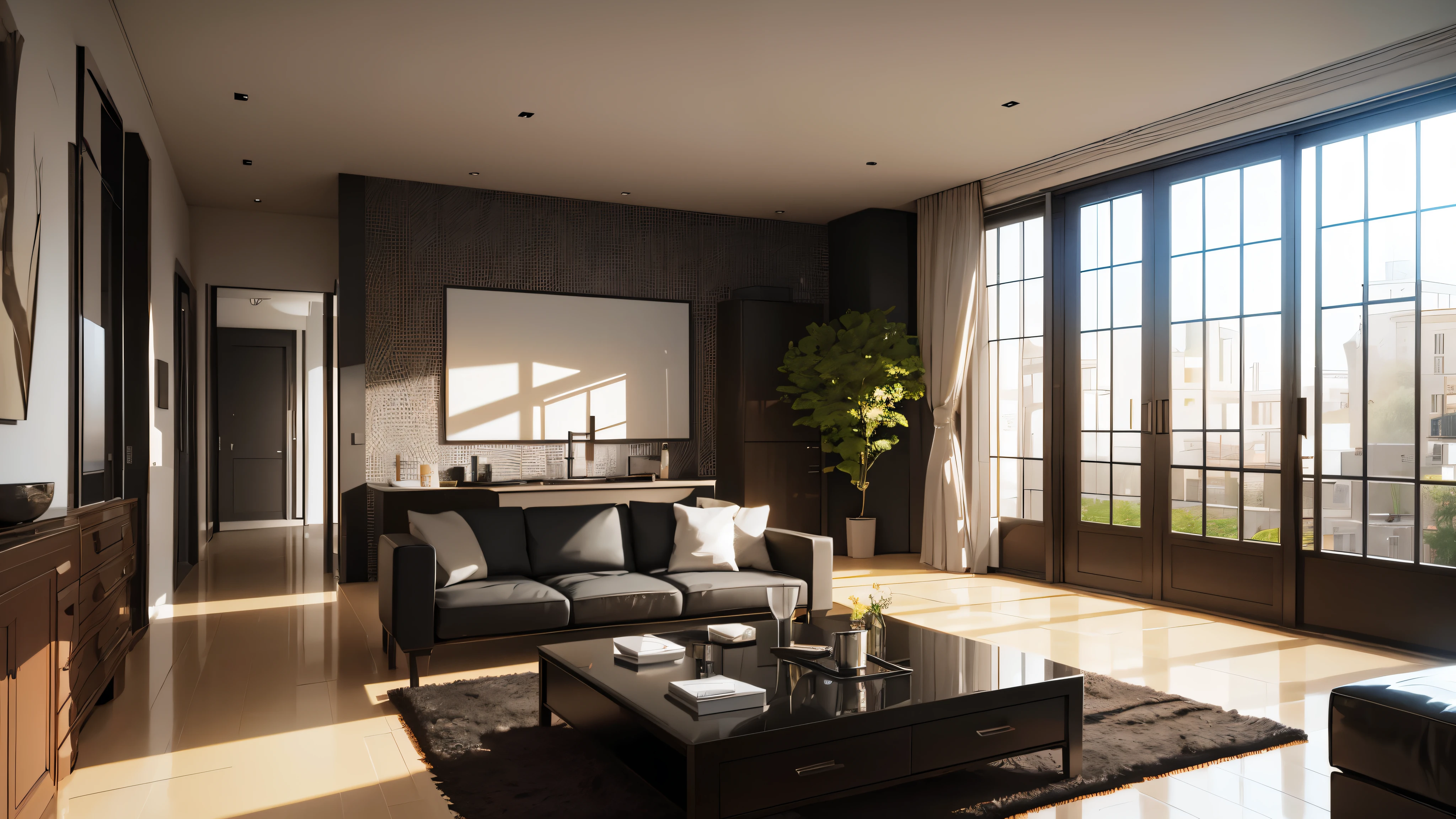 You are a famous interior designer、You have been asked to create a 3D image of a modern large room. Create a harmonious environment with modern and minimalist furniture. Including garden interior.